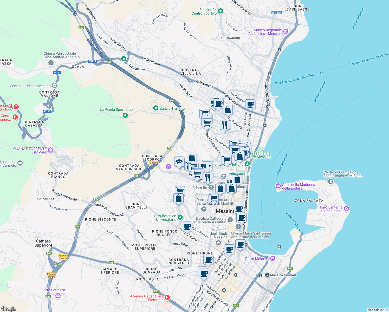 map of restaurants, bars, coffee shops, grocery stores, and more near Via Guglielmo Papaleone in Messina