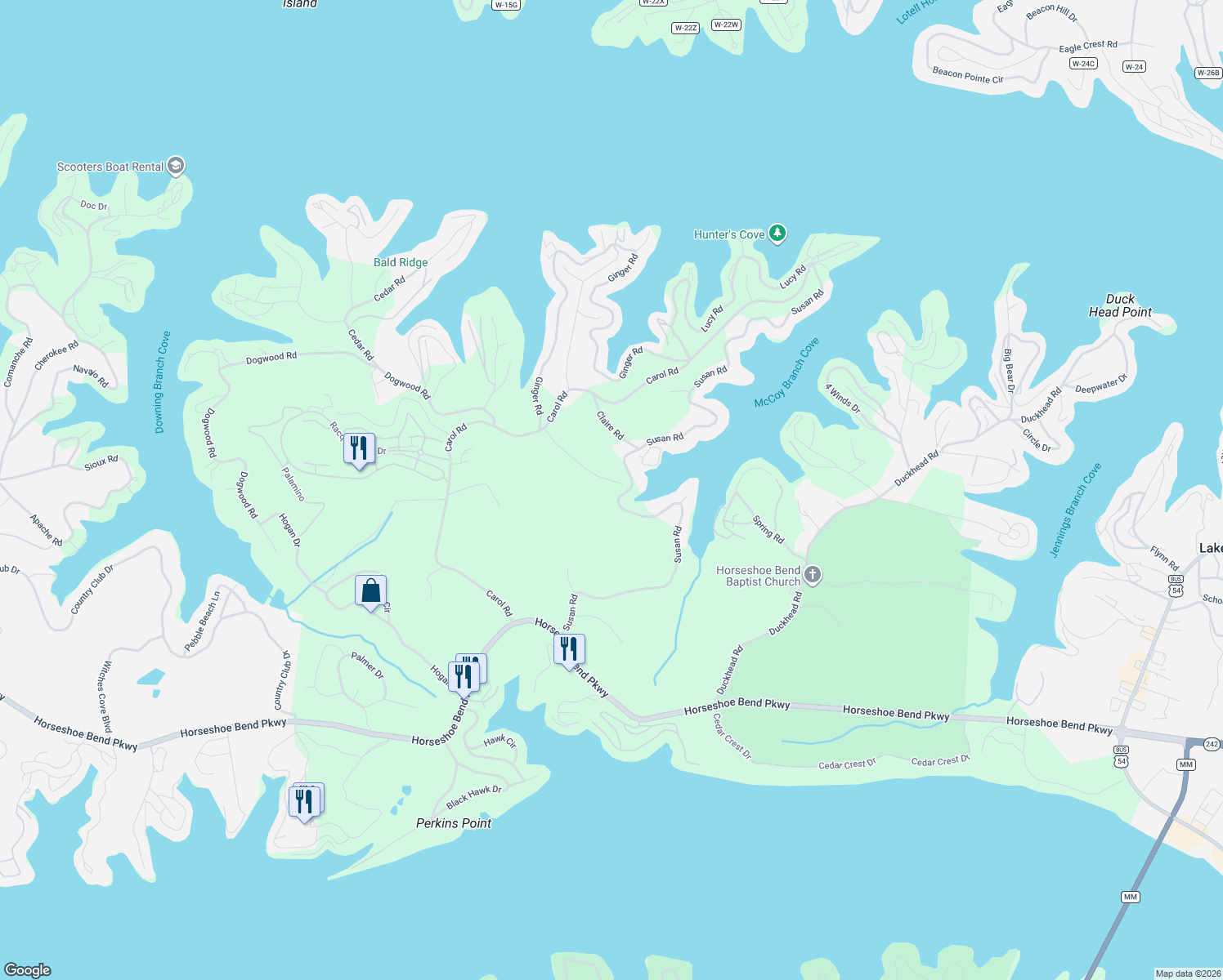 map of restaurants, bars, coffee shops, grocery stores, and more near Susan Road in Lake Ozark