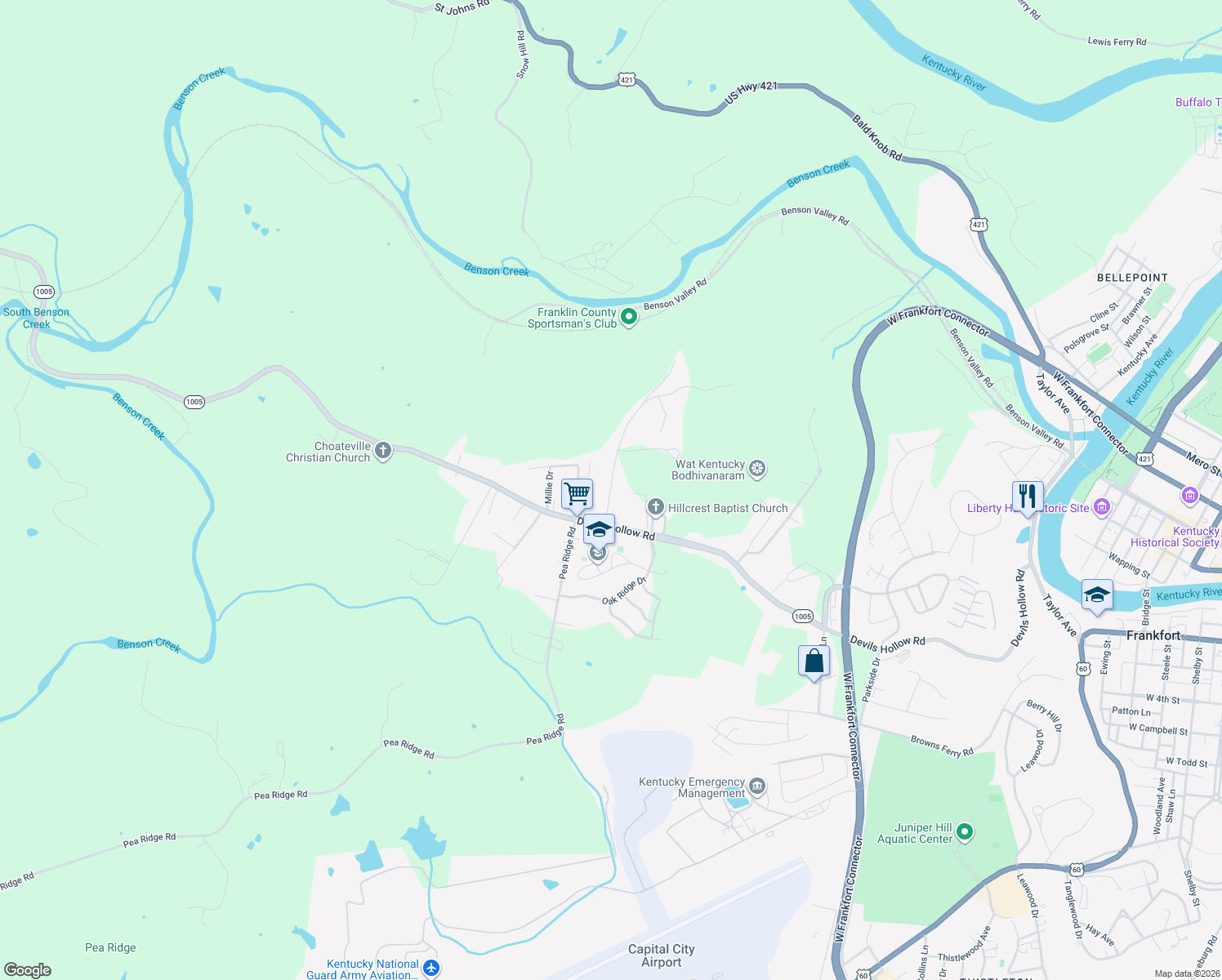 map of restaurants, bars, coffee shops, grocery stores, and more near 830 Moss Lane in Frankfort