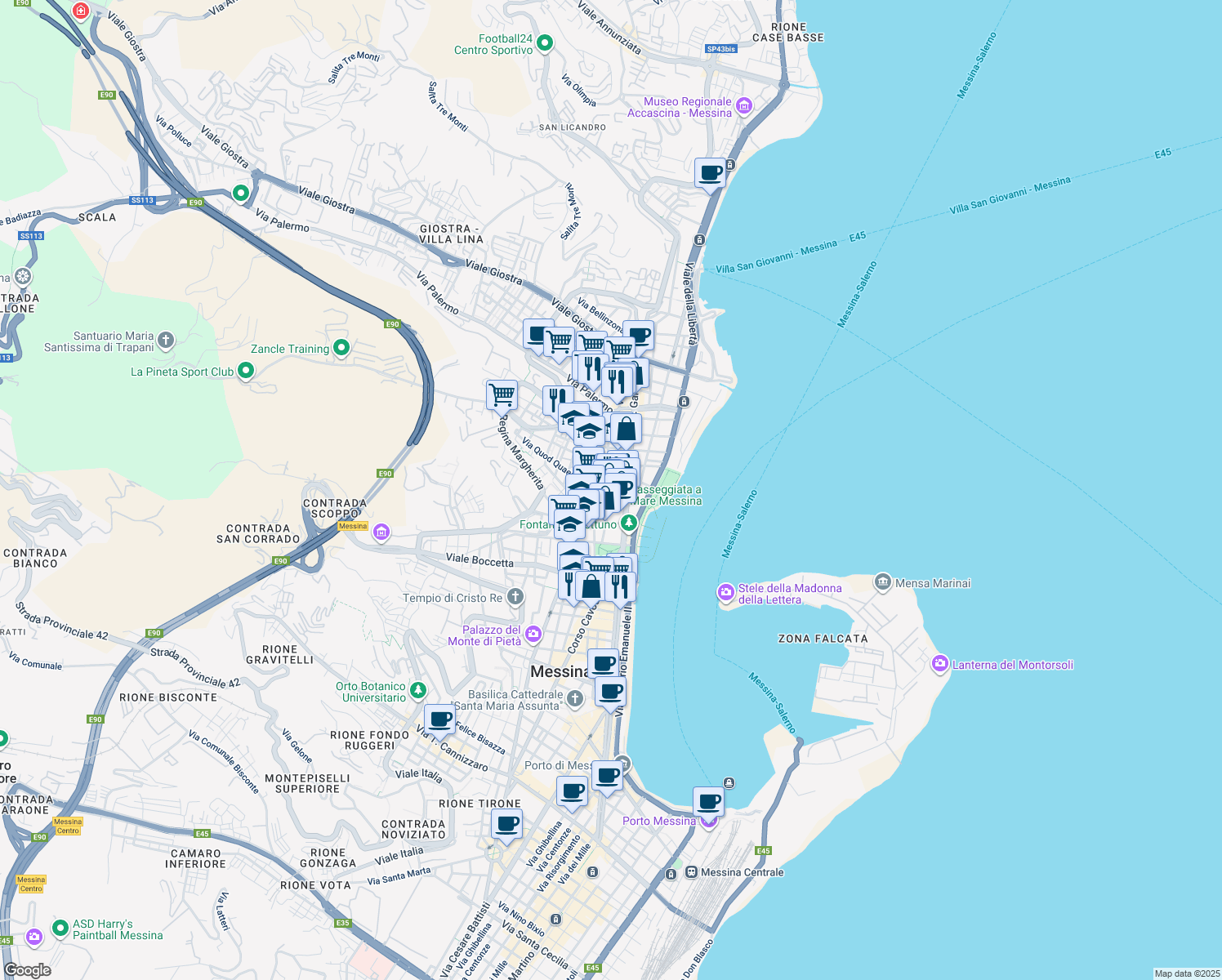 map of restaurants, bars, coffee shops, grocery stores, and more near 6 Piazza San Vincenzo in Messina