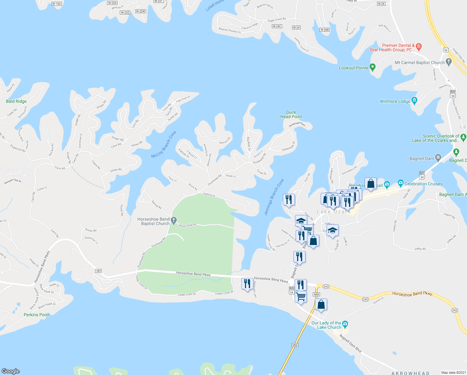 map of restaurants, bars, coffee shops, grocery stores, and more near 110 Greenview Bay Road in Lake Ozark