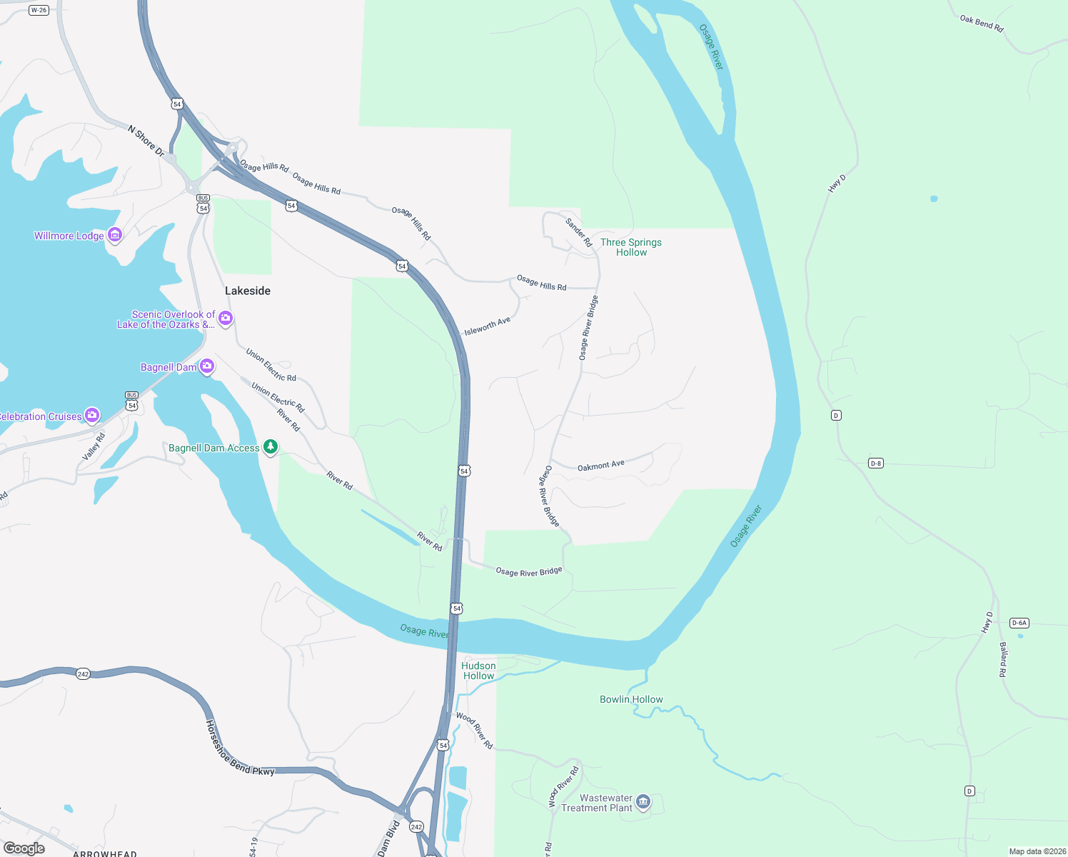 map of restaurants, bars, coffee shops, grocery stores, and more near Arrowhead Drive in Eldon