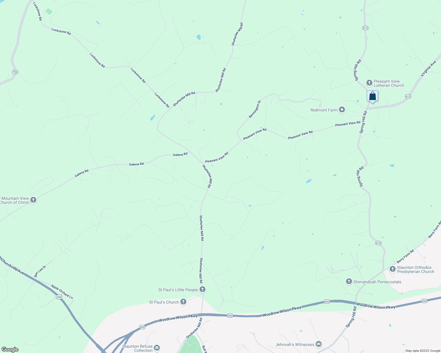 map of restaurants, bars, coffee shops, grocery stores, and more near 2495 Shutterlee Mill Road in Staunton