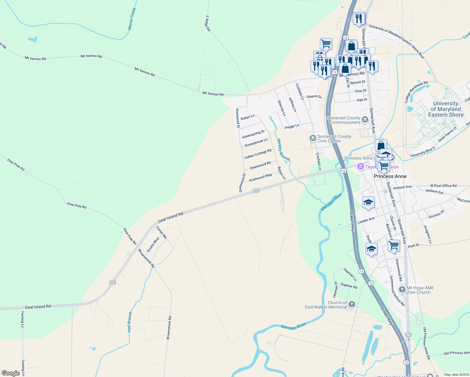 map of restaurants, bars, coffee shops, grocery stores, and more near 11660 Drexwood Drive in Princess Anne