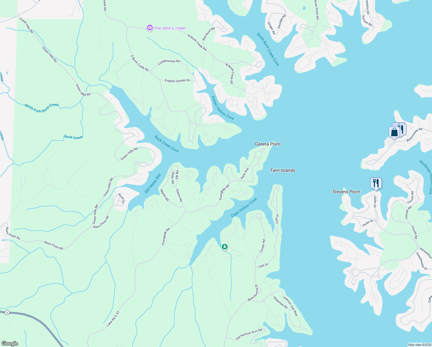 map of restaurants, bars, coffee shops, grocery stores, and more near 33291 Evergreen Road in Sunrise Beach