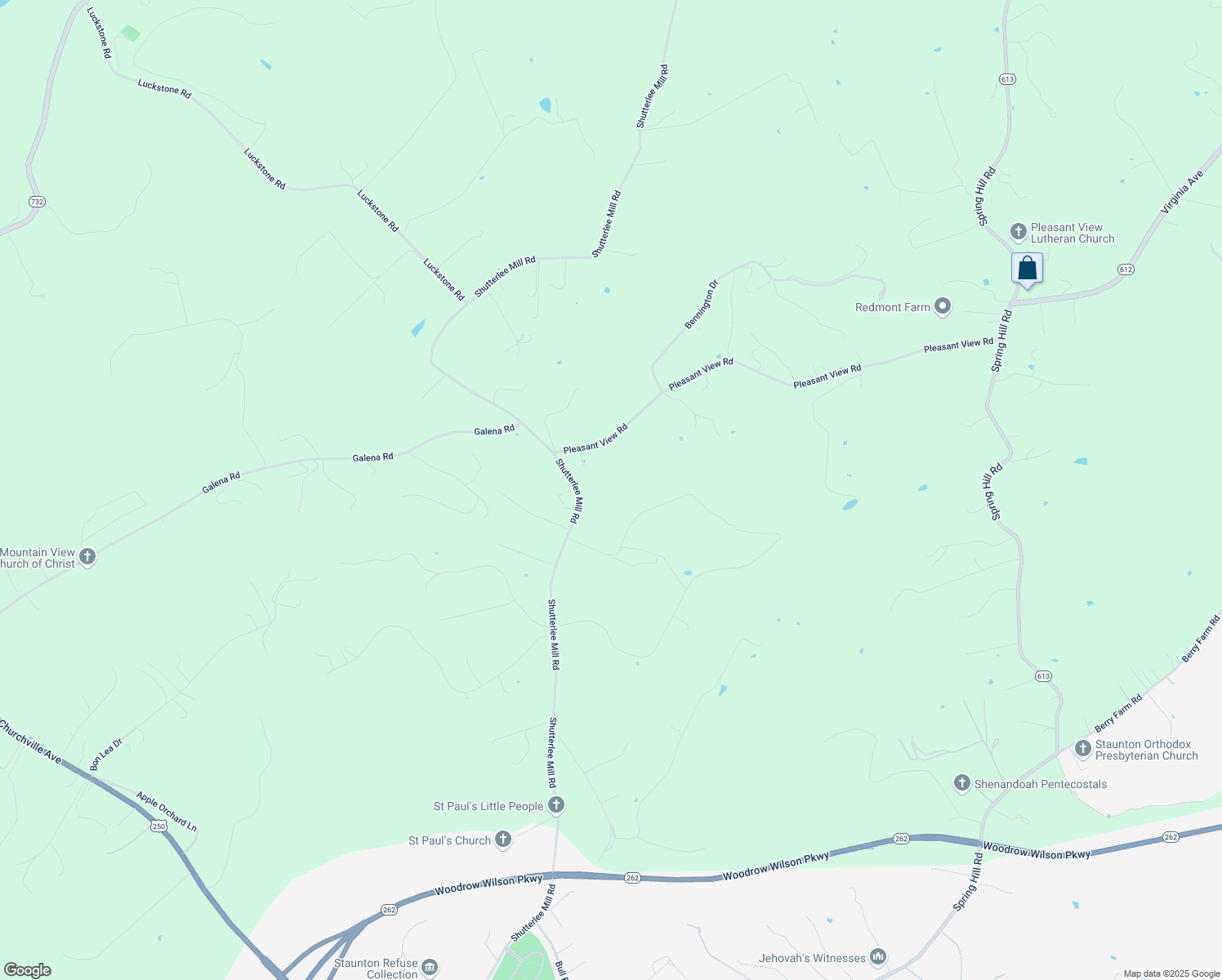 map of restaurants, bars, coffee shops, grocery stores, and more near 2495 Shutterlee Mill Road in Staunton