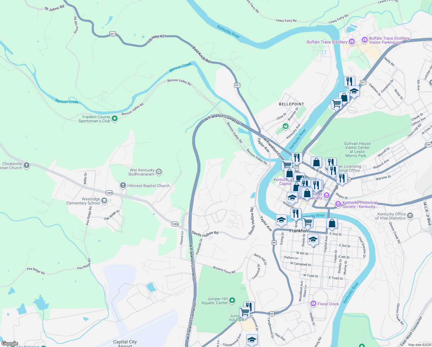 map of restaurants, bars, coffee shops, grocery stores, and more near 119 River Oak Drive in Frankfort