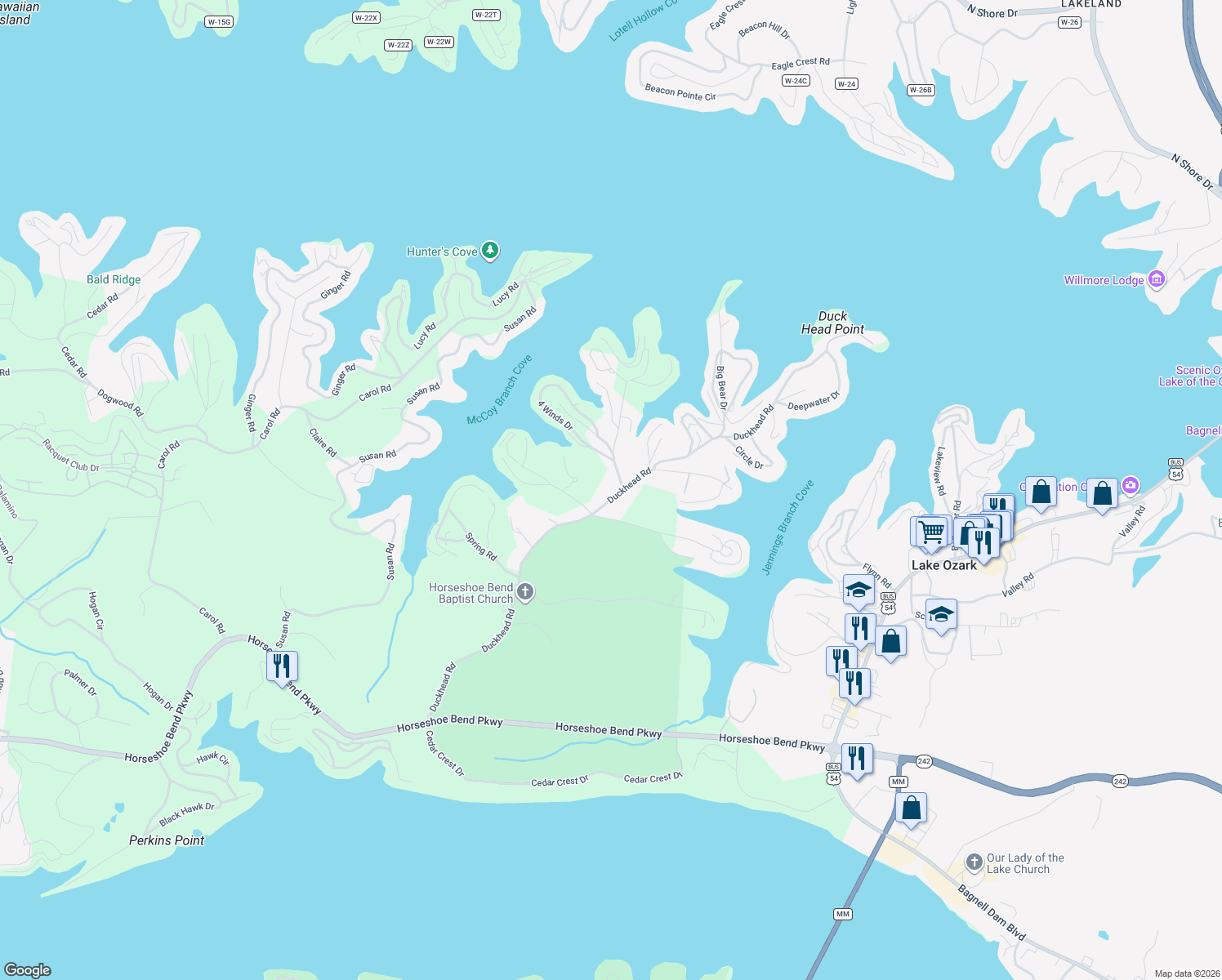 map of restaurants, bars, coffee shops, grocery stores, and more near 897 Duckhead Road in Lake Ozark