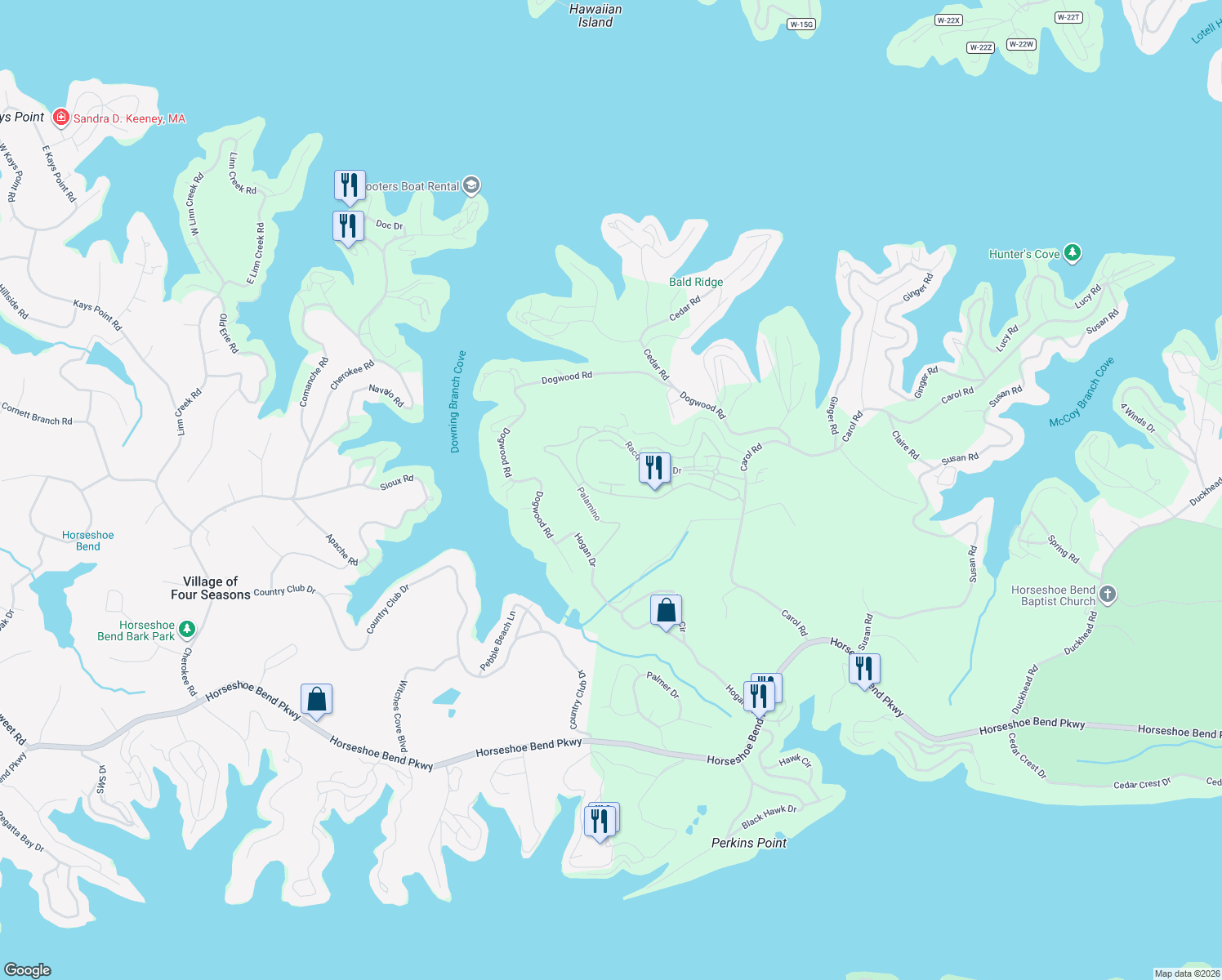 map of restaurants, bars, coffee shops, grocery stores, and more near Del Mar in Lake Ozark