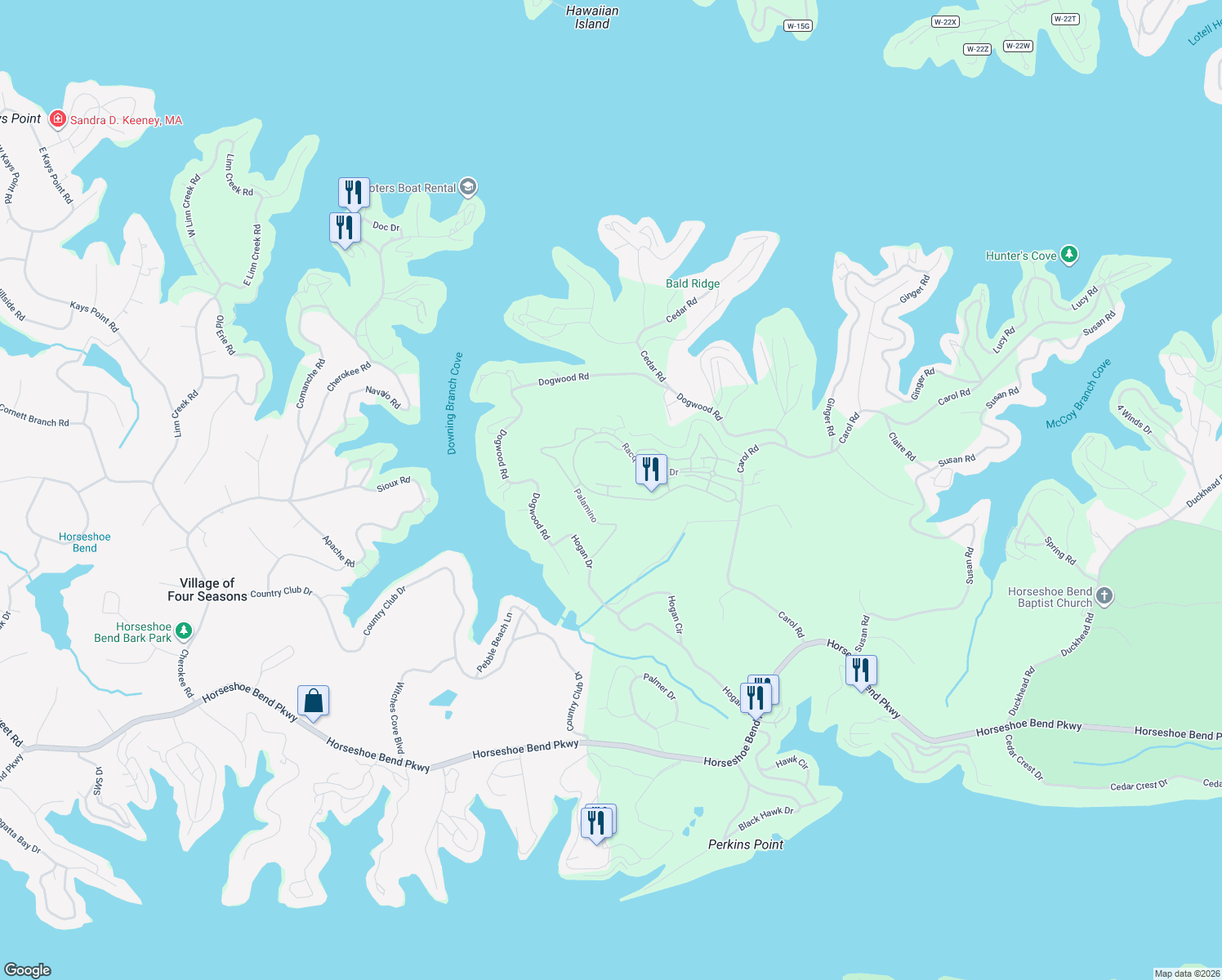map of restaurants, bars, coffee shops, grocery stores, and more near Del Mar in Lake Ozark