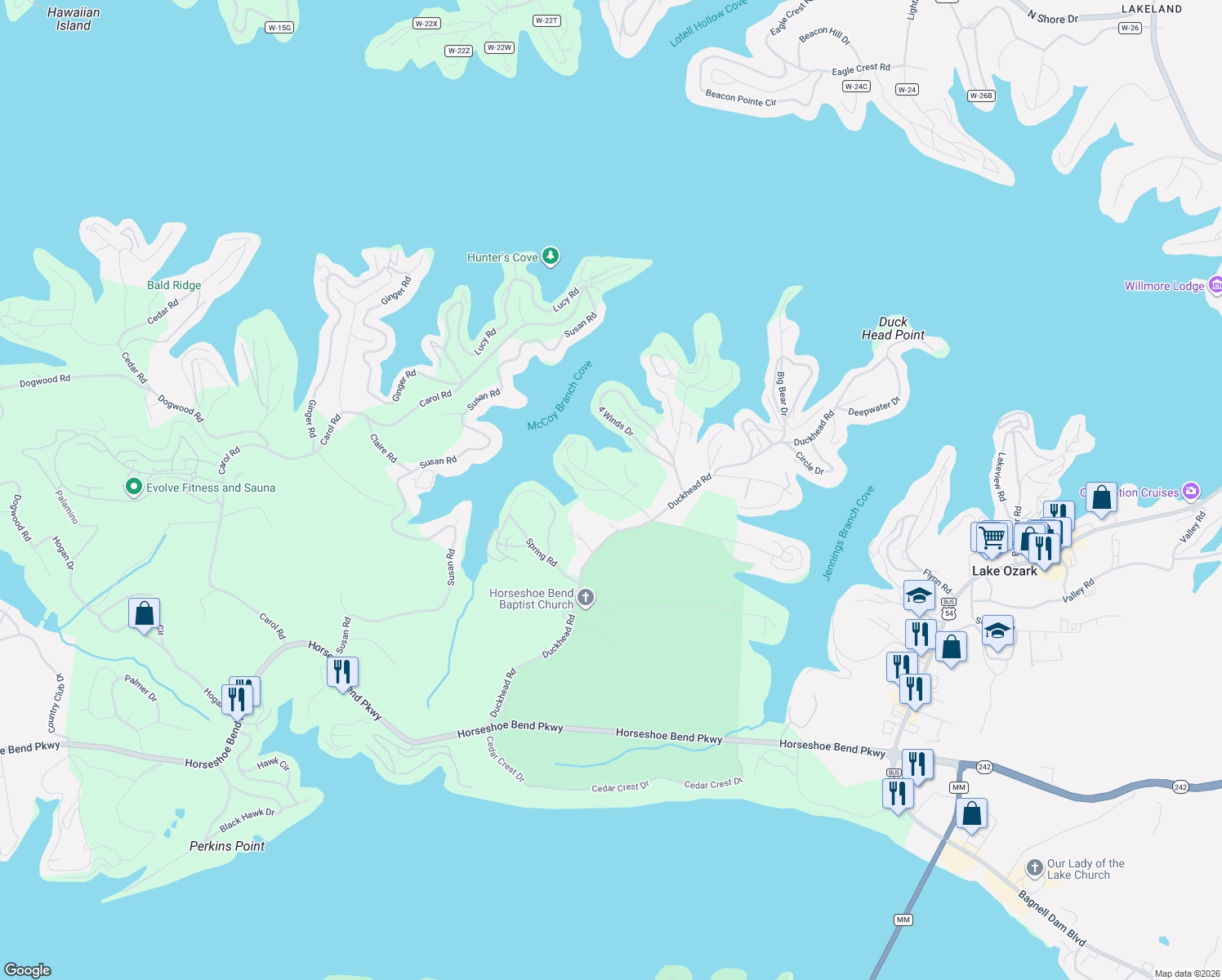map of restaurants, bars, coffee shops, grocery stores, and more near Bruce Road in Lake Ozark
