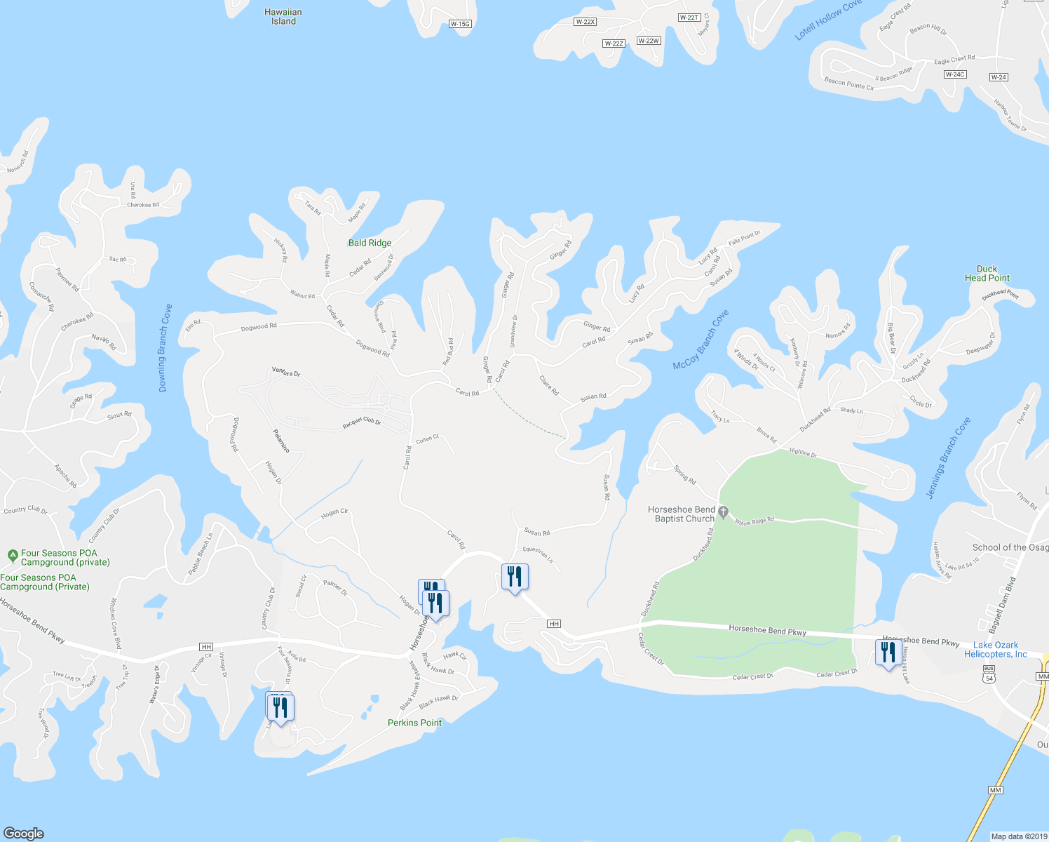 map of restaurants, bars, coffee shops, grocery stores, and more near Claire Rd in Lake Ozark