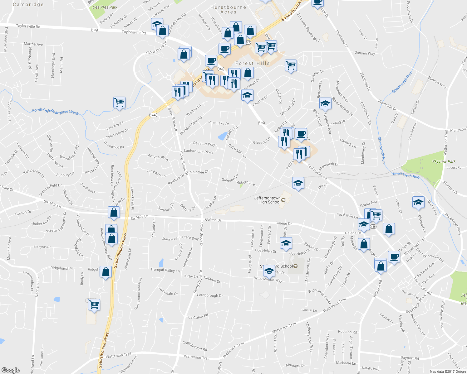 map of restaurants, bars, coffee shops, grocery stores, and more near 3013 Melrose Drive in Jeffersontown