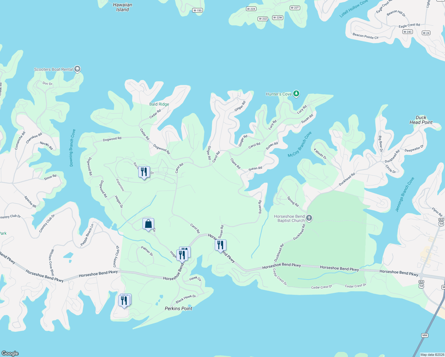 map of restaurants, bars, coffee shops, grocery stores, and more near Claire Rd in Lake Ozark