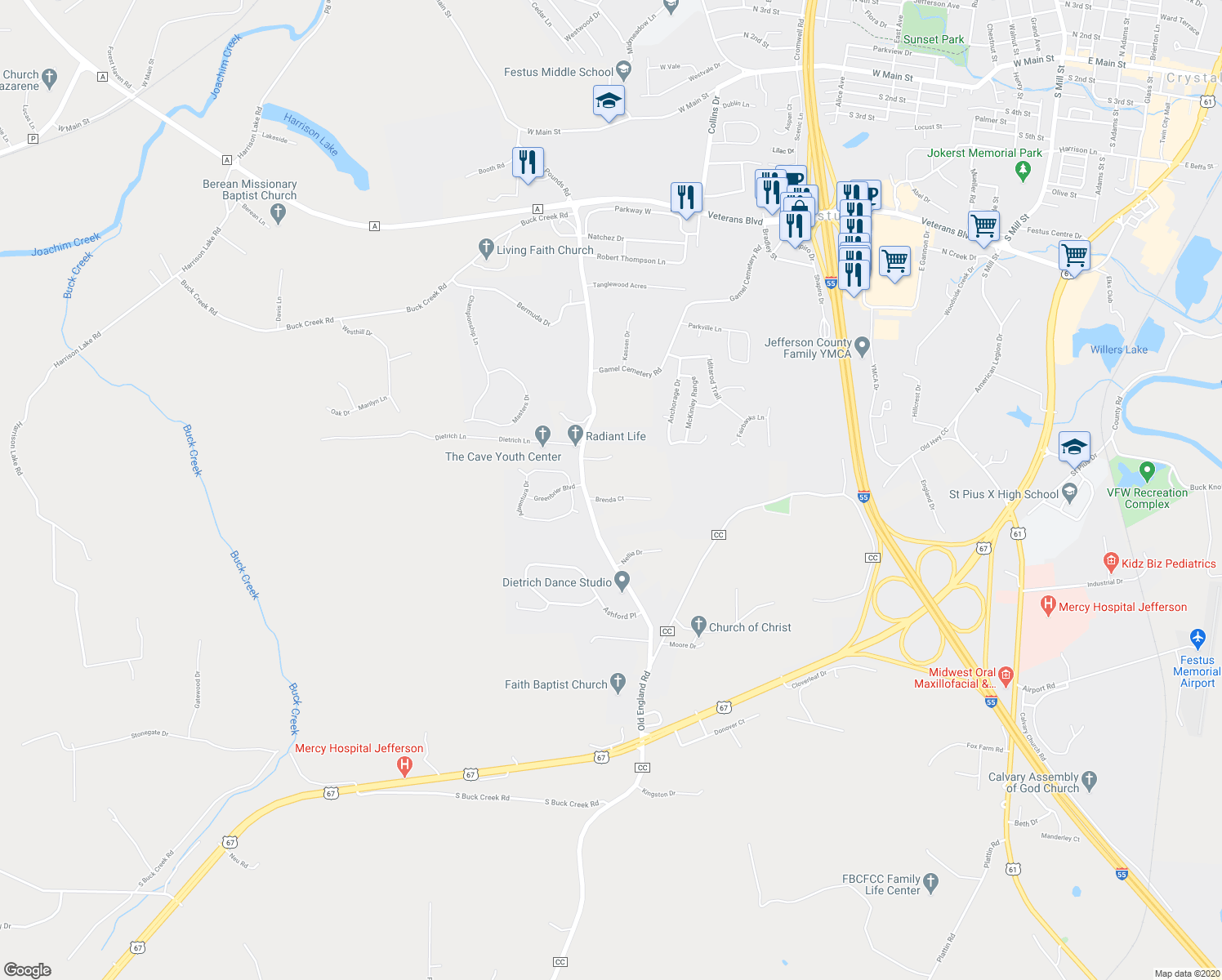 map of restaurants, bars, coffee shops, grocery stores, and more near 717 Brenda Court in Festus