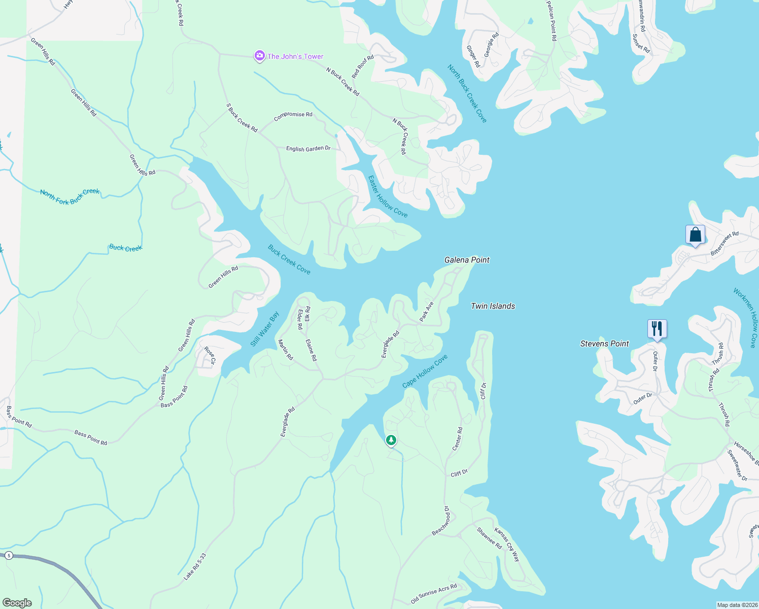 map of restaurants, bars, coffee shops, grocery stores, and more near 33291 Evergreen Road in Sunrise Beach