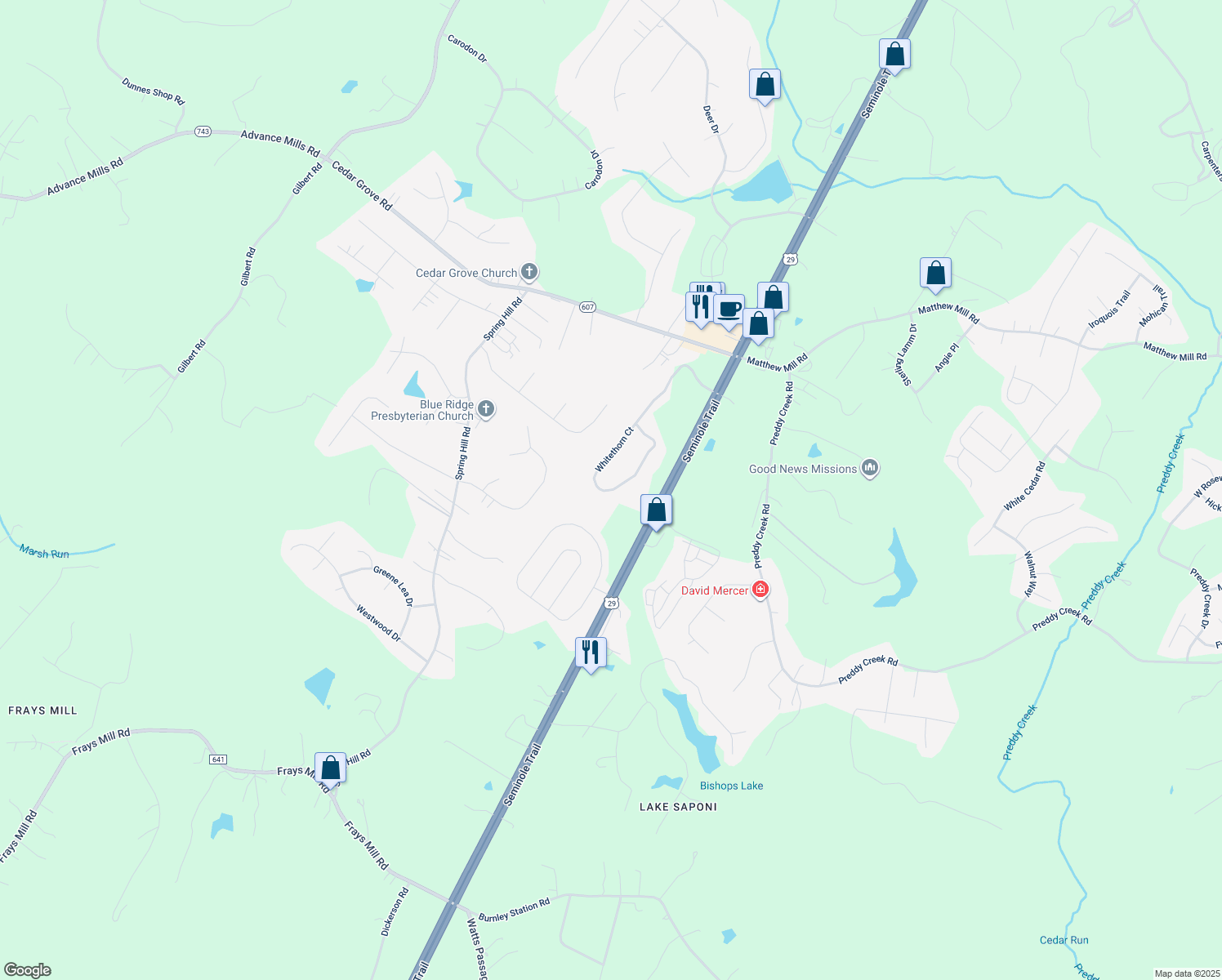 map of restaurants, bars, coffee shops, grocery stores, and more near 289 Whitethorn Ct in Ruckersville