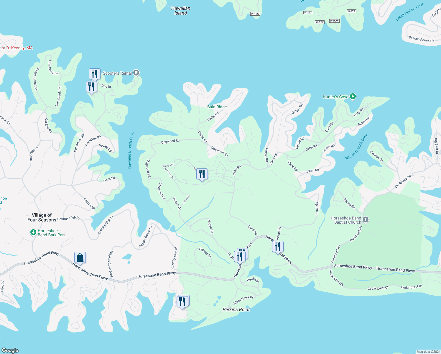 map of restaurants, bars, coffee shops, grocery stores, and more near 23 Laguna Drive in Lake Ozark