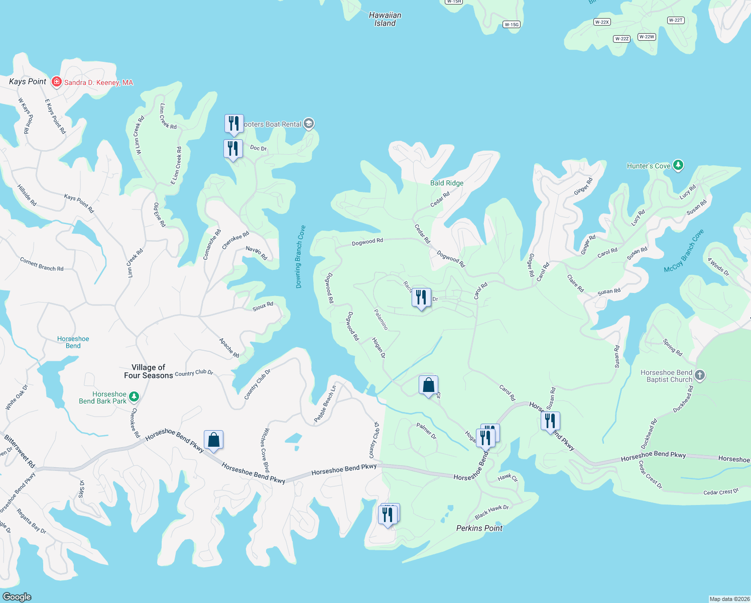 map of restaurants, bars, coffee shops, grocery stores, and more near 656 Racquet Club Drive in Lake Ozark