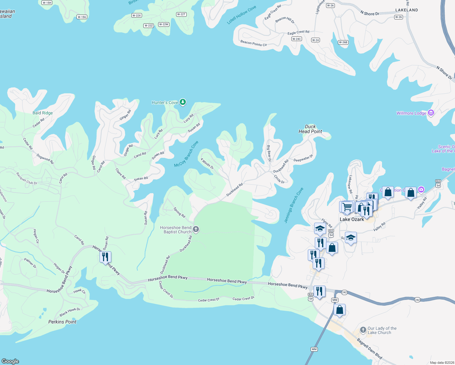 map of restaurants, bars, coffee shops, grocery stores, and more near 897 Duckhead Road in Lake Ozark