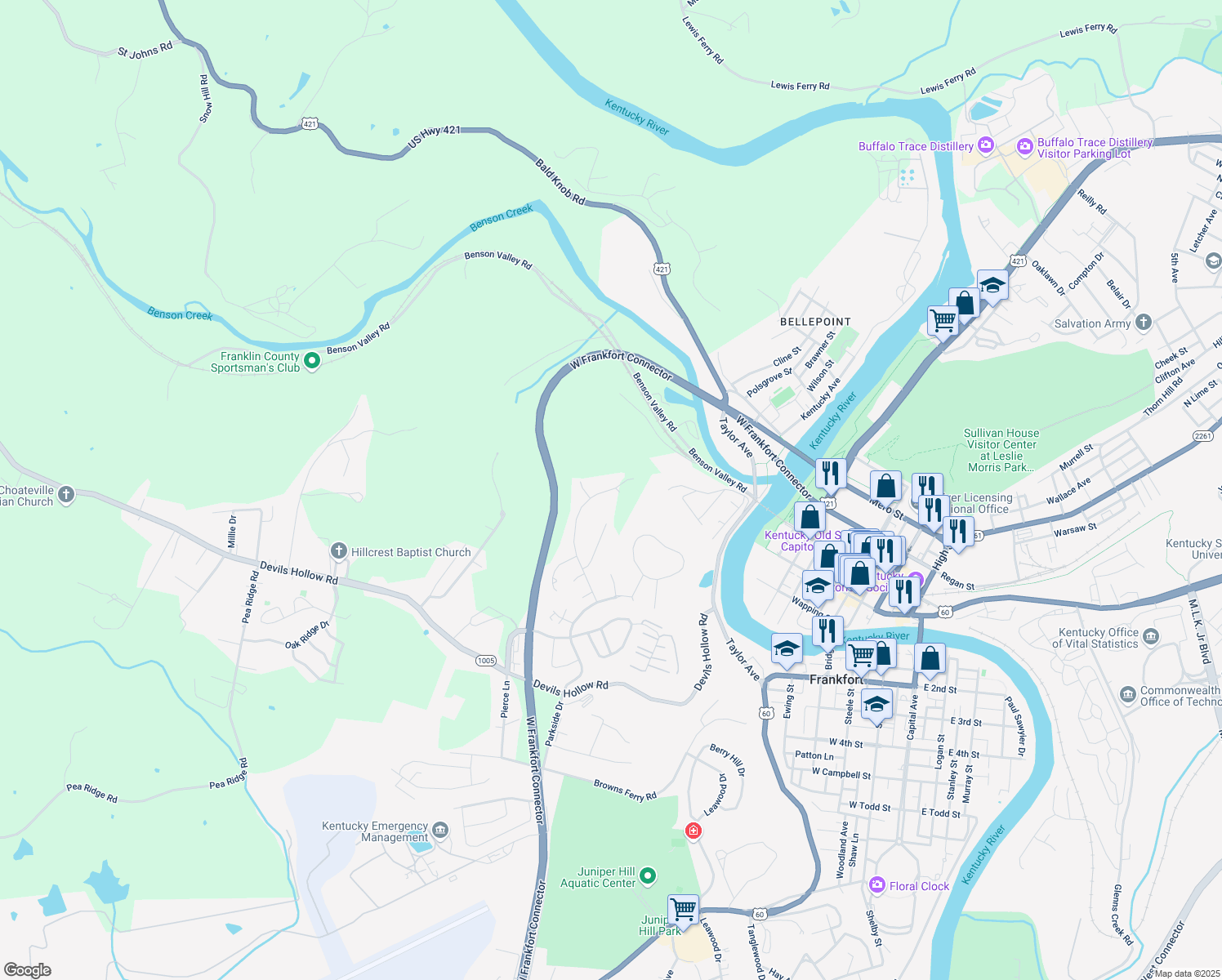 map of restaurants, bars, coffee shops, grocery stores, and more near 313 Signal Ridge Road in Frankfort