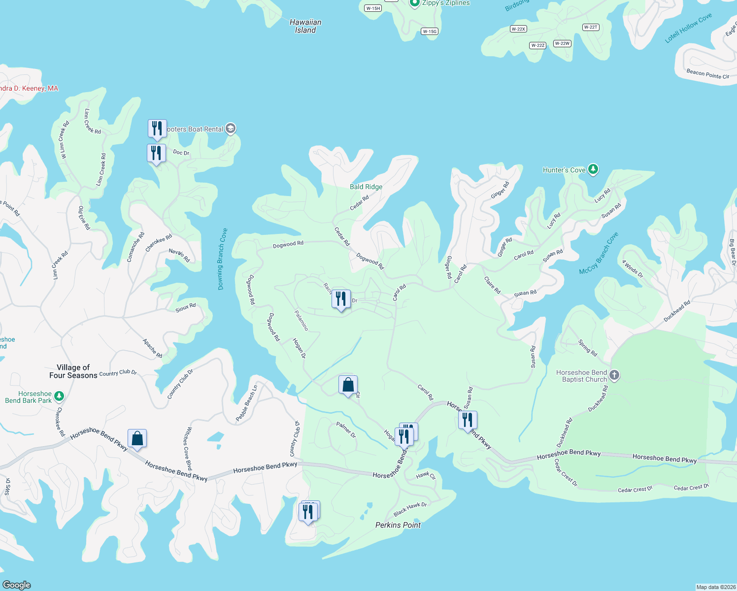 map of restaurants, bars, coffee shops, grocery stores, and more near 23 East Casa Seville Drive in Lake Ozark