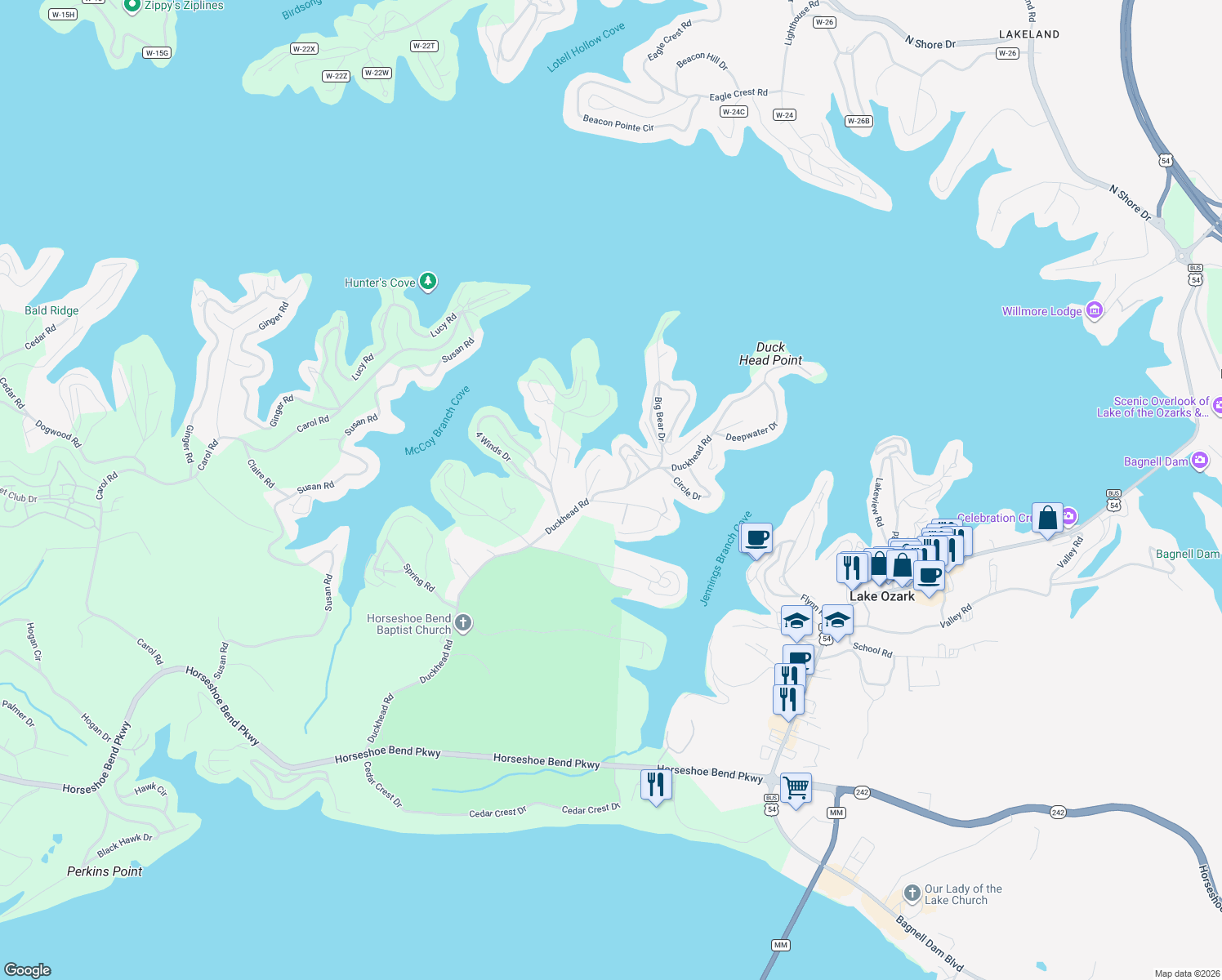 map of restaurants, bars, coffee shops, grocery stores, and more near Duckhead Road in Lake Ozark