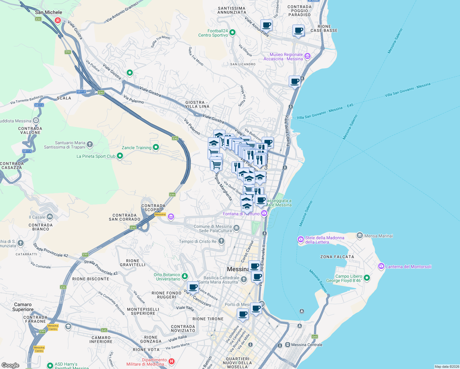 map of restaurants, bars, coffee shops, grocery stores, and more near 5 Via Pasquale Calapso in Messina