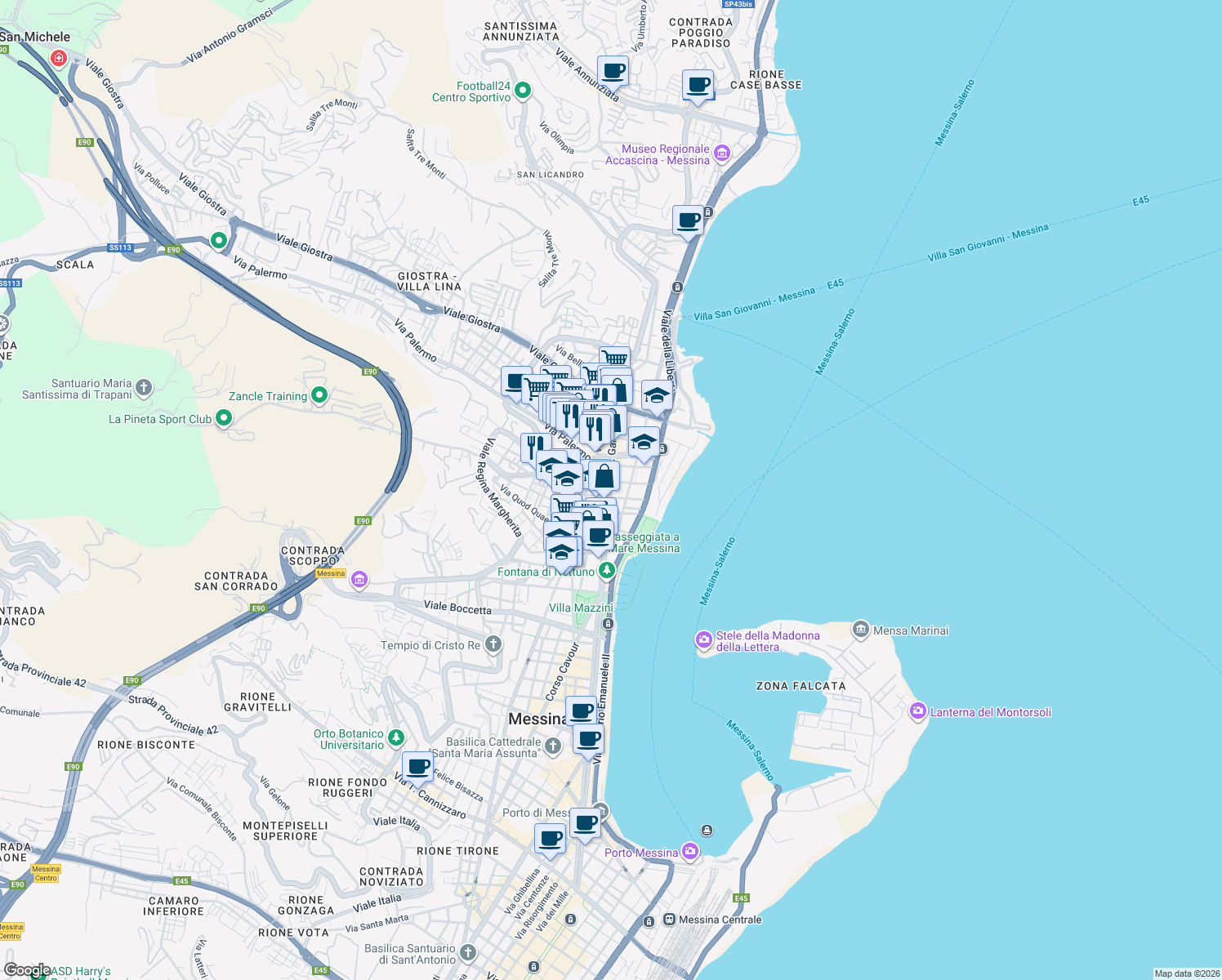 map of restaurants, bars, coffee shops, grocery stores, and more near 212 Via G. Garibaldi in Messina