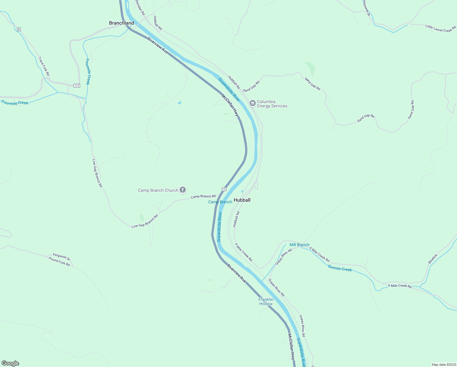 map of restaurants, bars, coffee shops, grocery stores, and more near McClellan Highway in Branchland