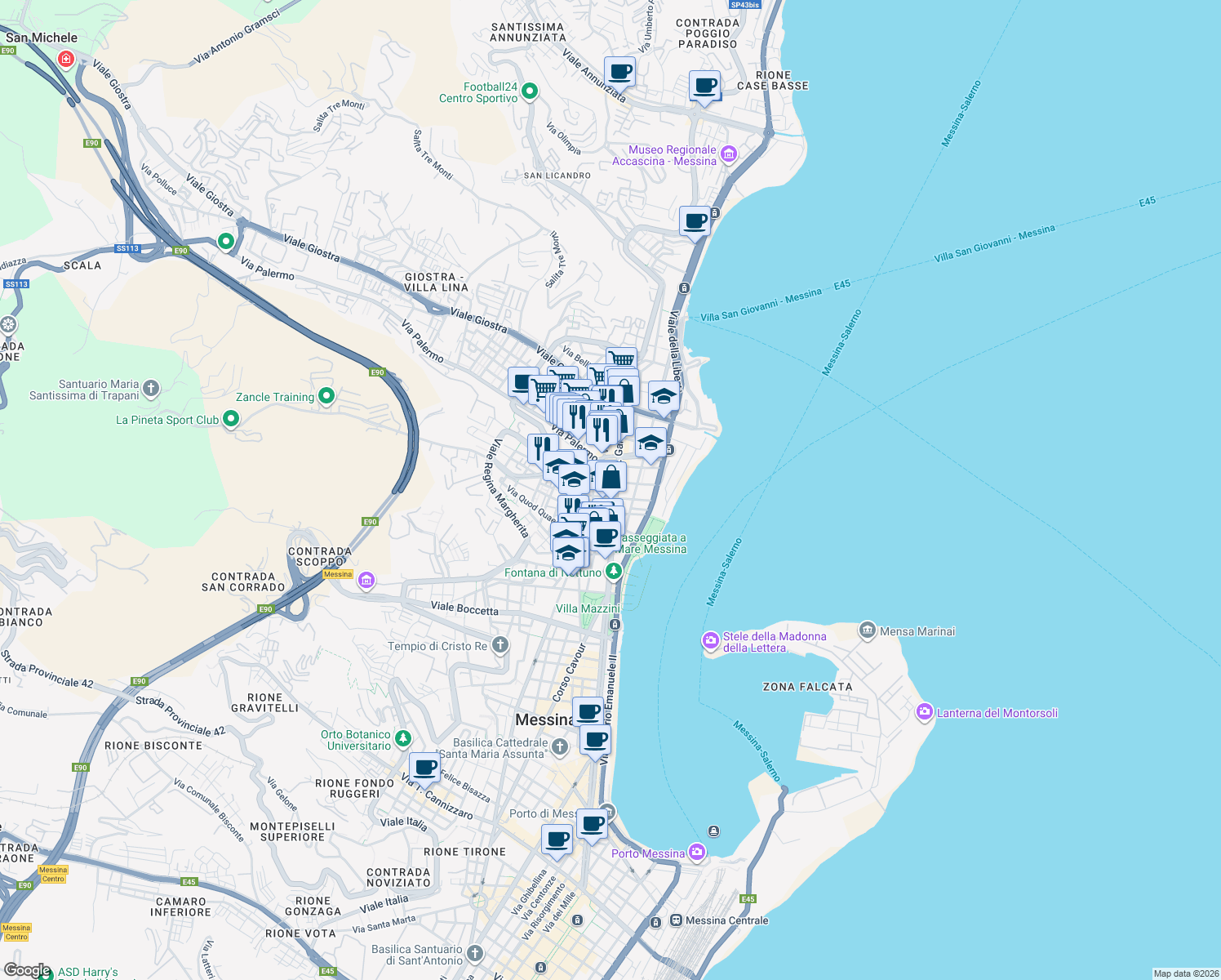 map of restaurants, bars, coffee shops, grocery stores, and more near 212 Via Giuseppe Garibaldi in Messina