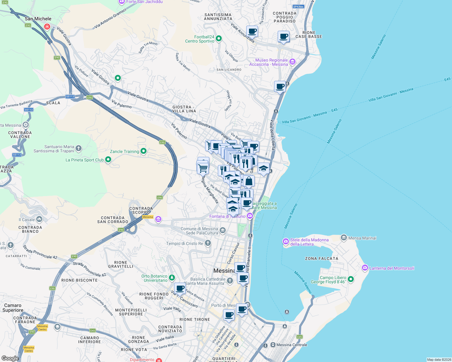 map of restaurants, bars, coffee shops, grocery stores, and more near 5 Via Pasquale Calapso in Messina