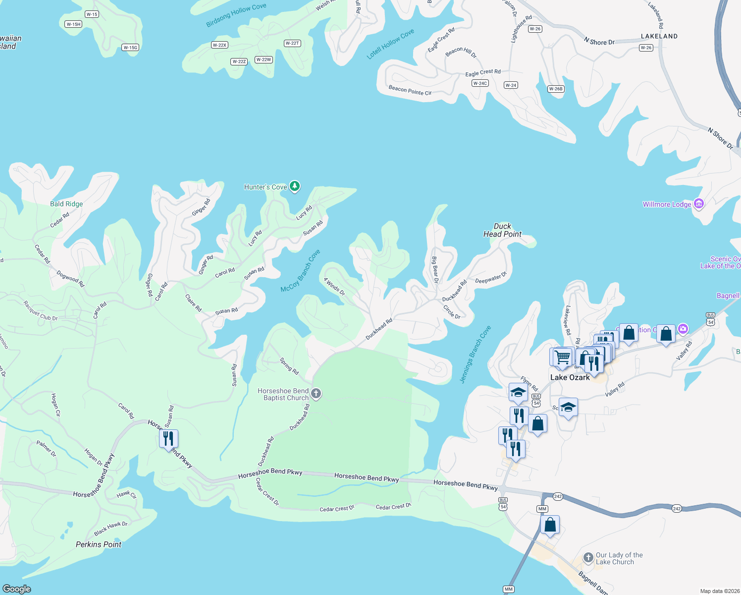 map of restaurants, bars, coffee shops, grocery stores, and more near Four Winds Drive in Lake Ozark
