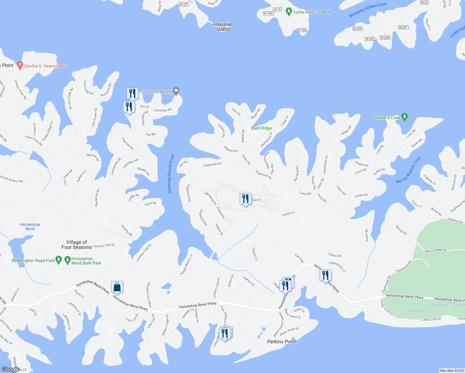 map of restaurants, bars, coffee shops, grocery stores, and more near Ventura Drive in Lake Ozark
