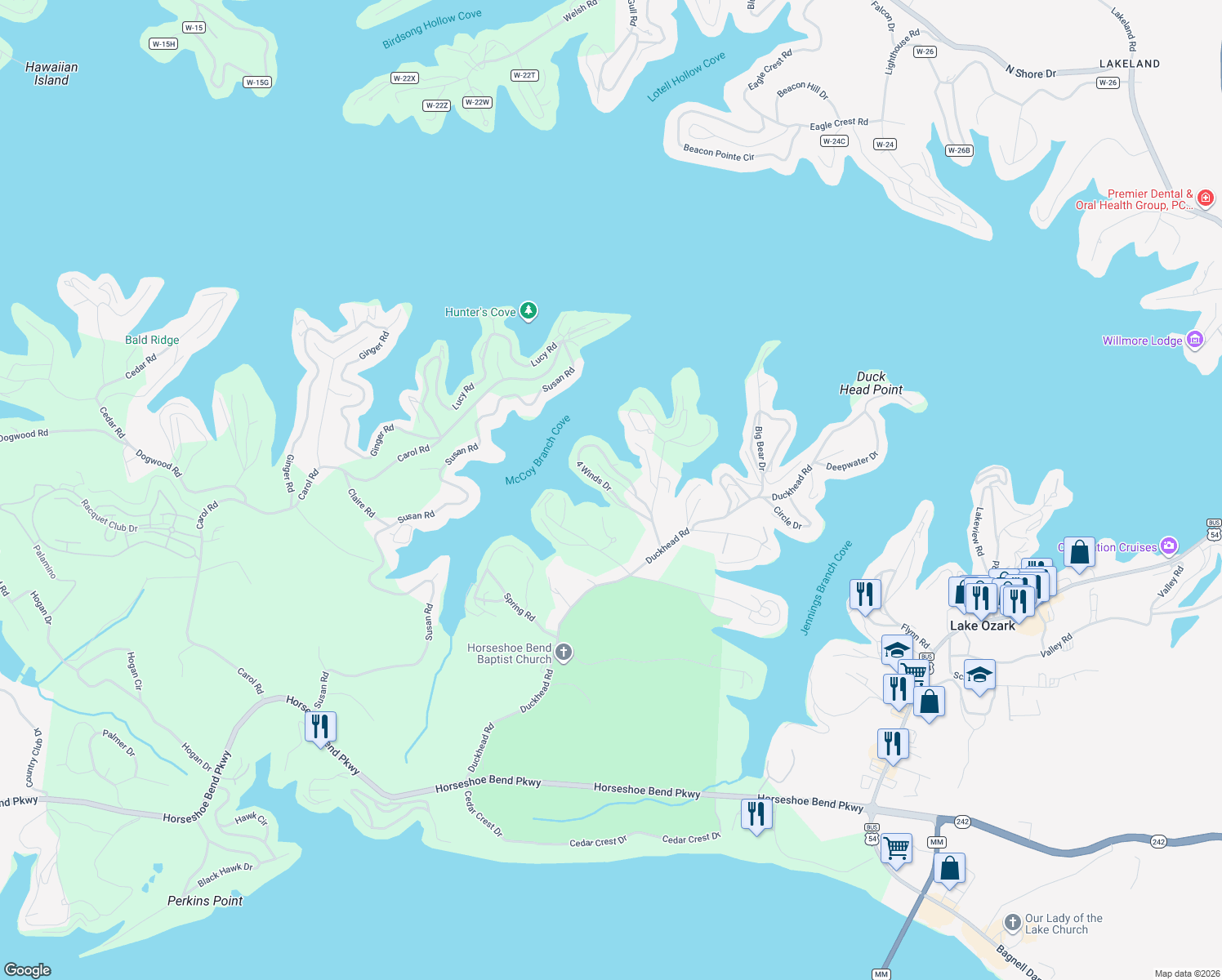 map of restaurants, bars, coffee shops, grocery stores, and more near 4 Winds Drive in Lake Ozark