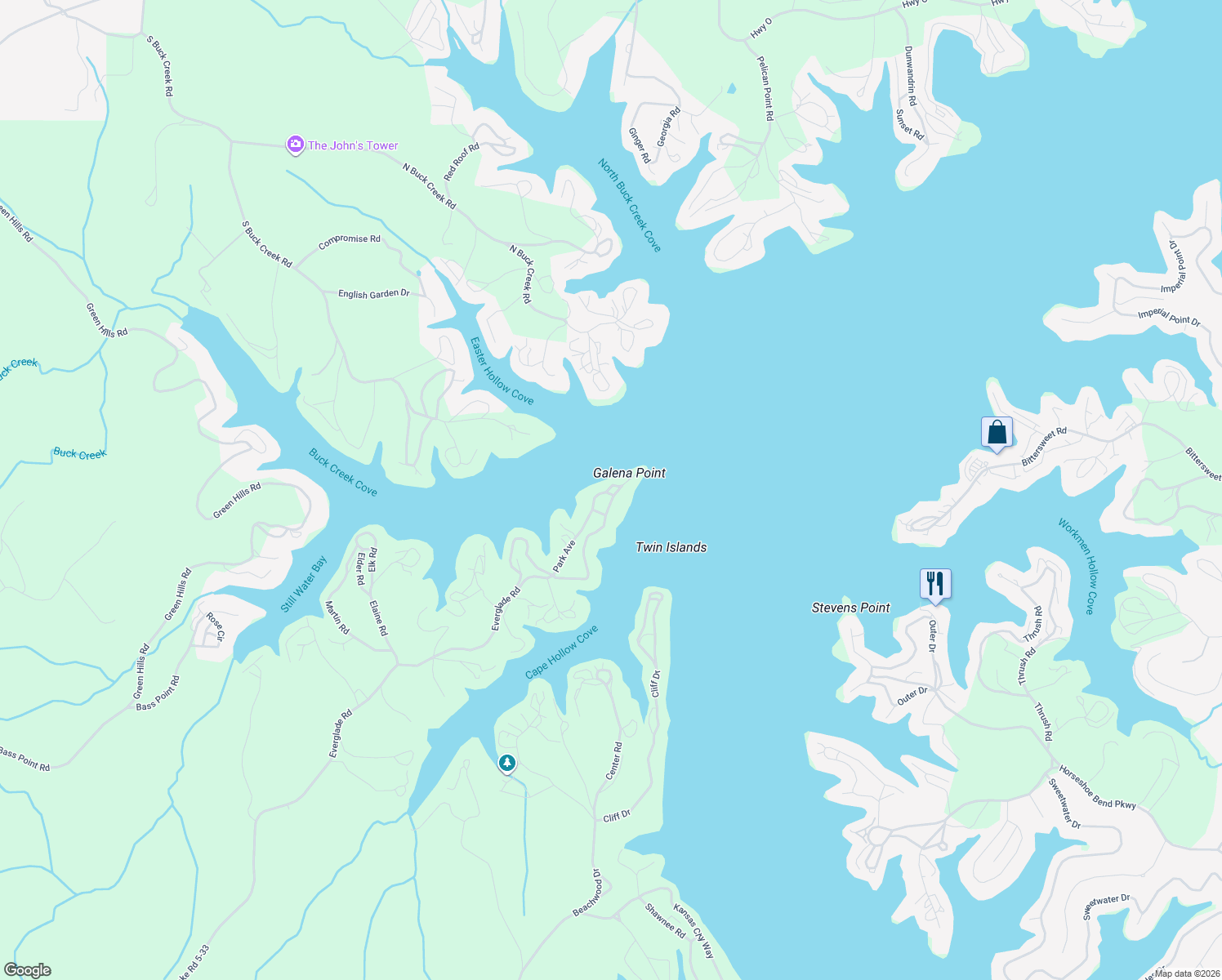 map of restaurants, bars, coffee shops, grocery stores, and more near 33008 Fairview Road in Sunrise Beach