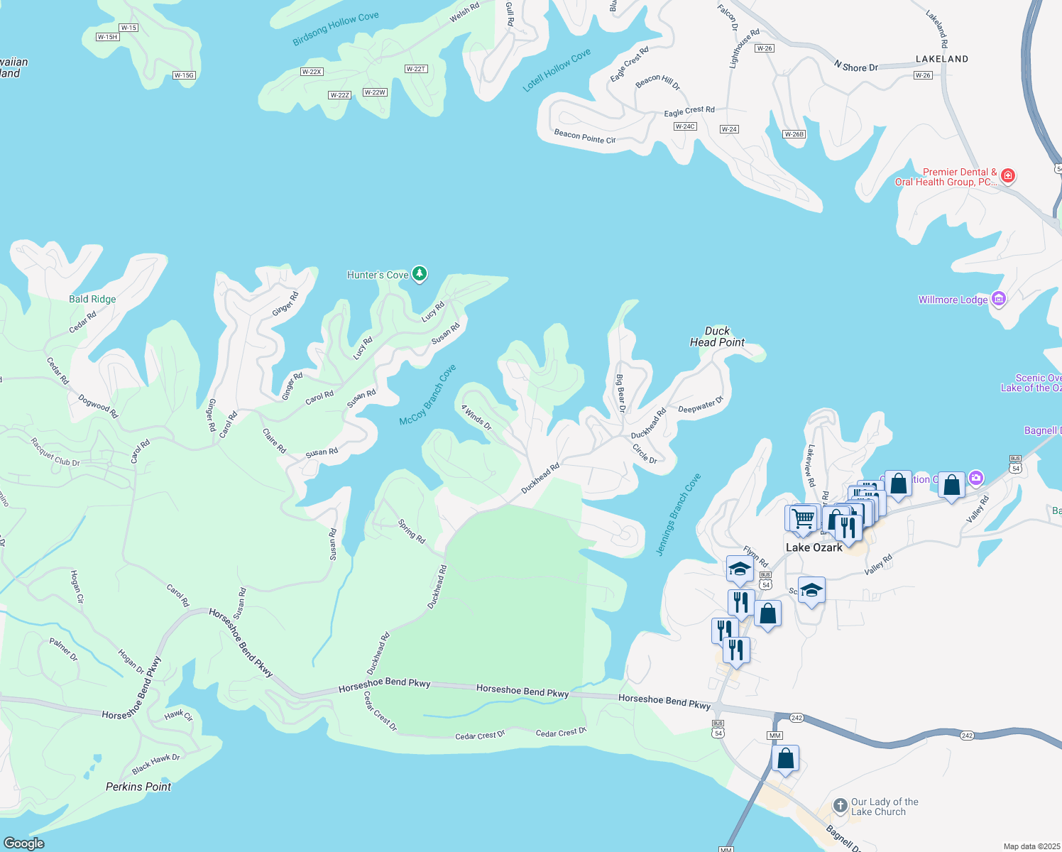 map of restaurants, bars, coffee shops, grocery stores, and more near 85 Kimberly Drive in Lake Ozark