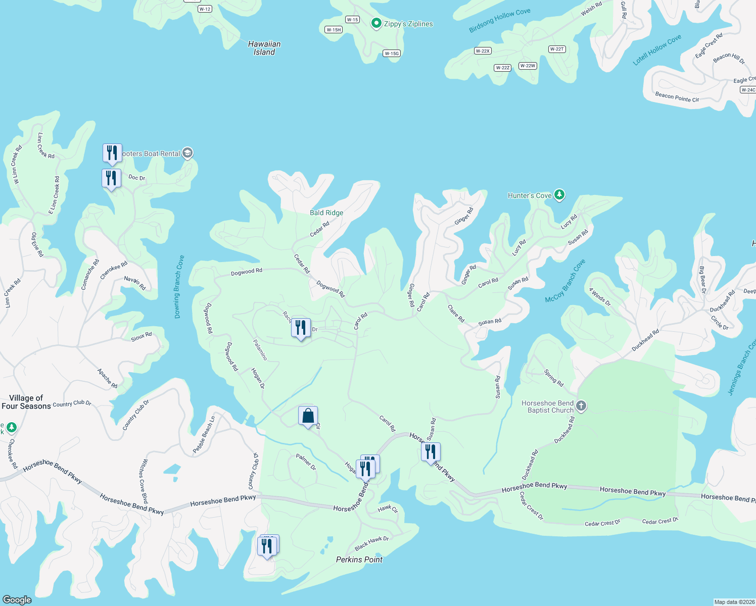 map of restaurants, bars, coffee shops, grocery stores, and more near 2-98 Madeira Cove Road in Lake Ozark
