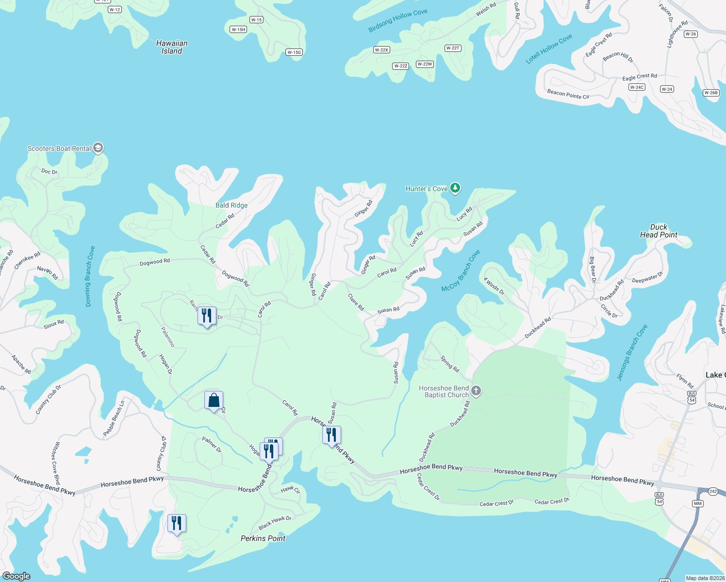 map of restaurants, bars, coffee shops, grocery stores, and more near 1192 Carol Road in Lake Ozark