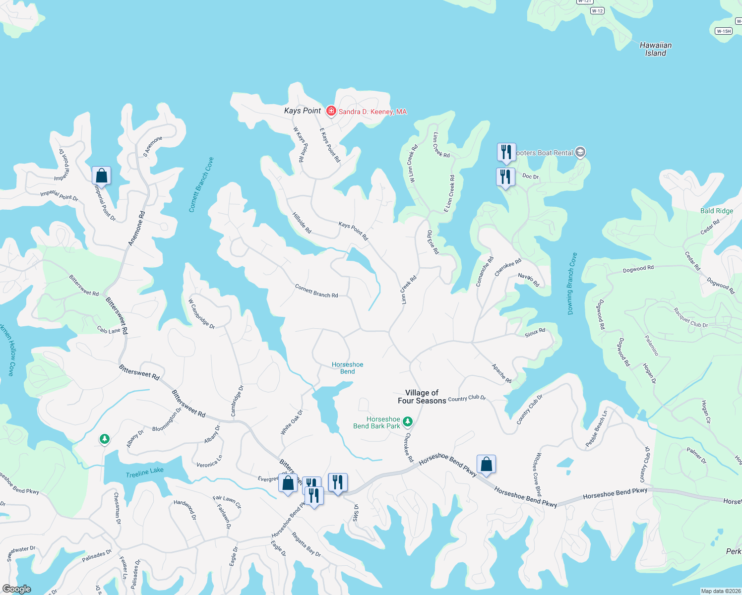 map of restaurants, bars, coffee shops, grocery stores, and more near 98 Cornett Dr in Village of Four Seasons
