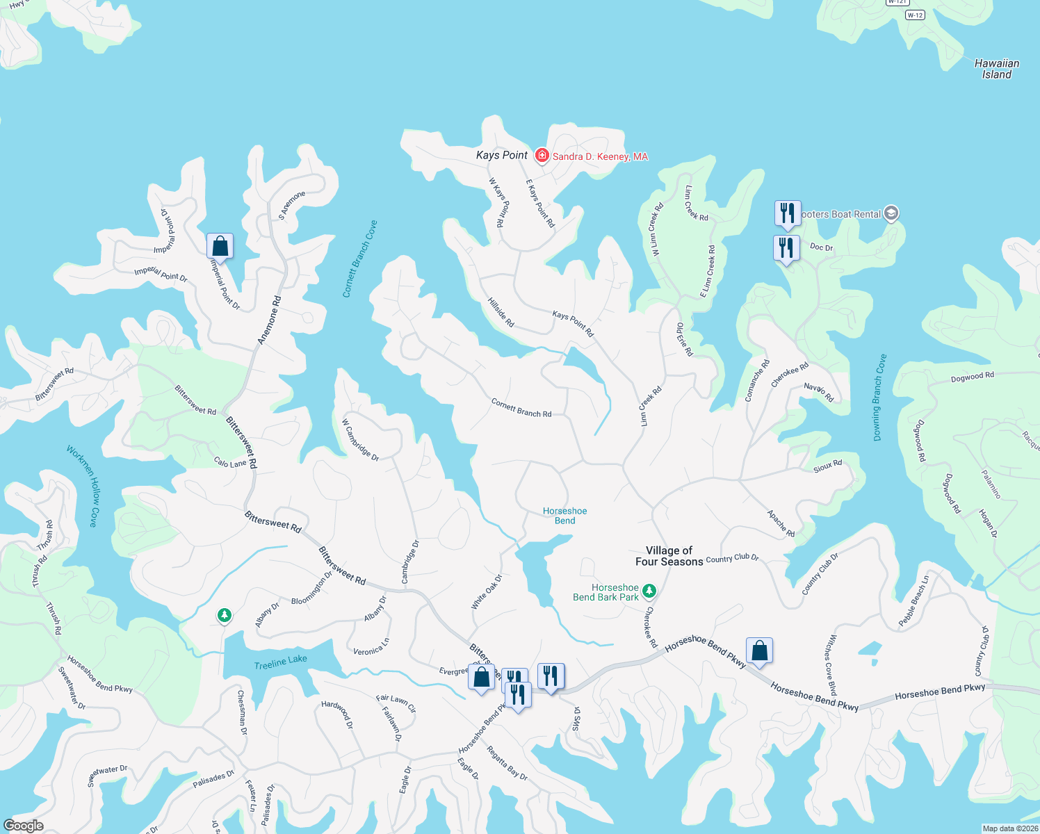 map of restaurants, bars, coffee shops, grocery stores, and more near Cornett Branch Rd in Lake Ozark