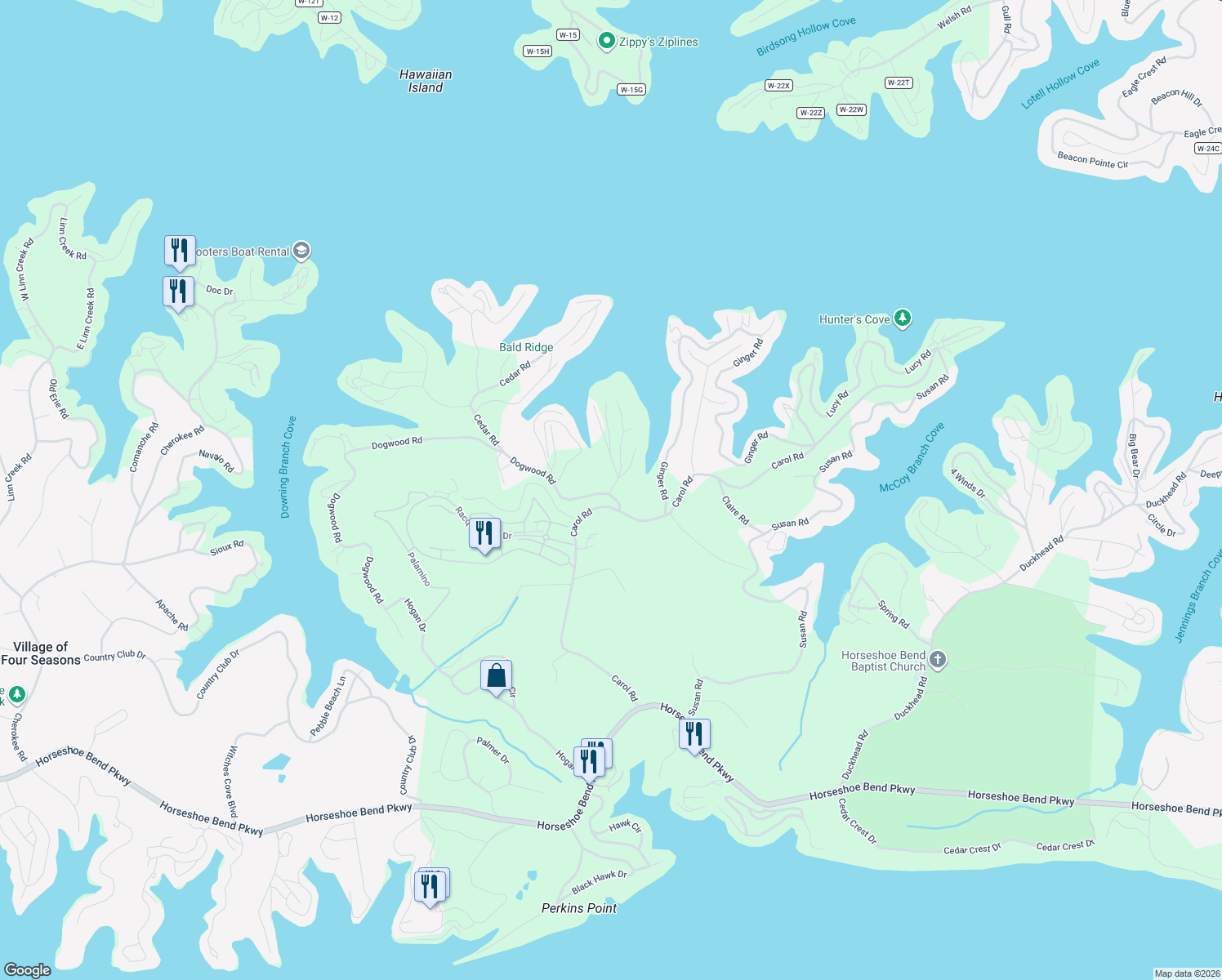 map of restaurants, bars, coffee shops, grocery stores, and more near 2-98 Madeira Cove Road in Lake Ozark
