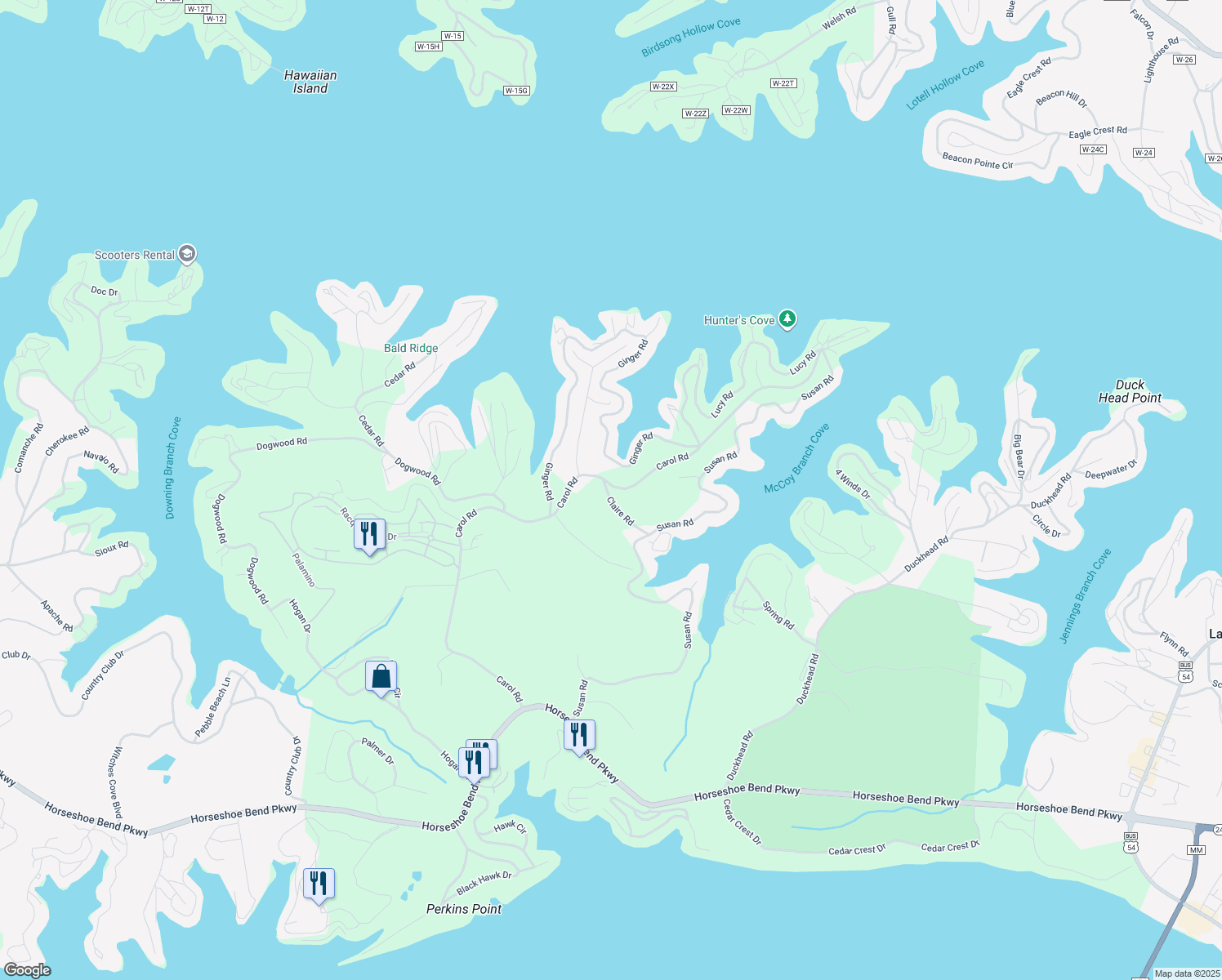 map of restaurants, bars, coffee shops, grocery stores, and more near 1192 Carol Road in Lake Ozark