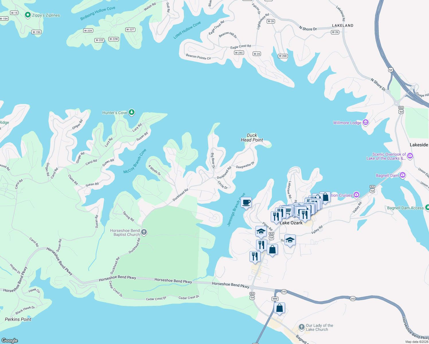 map of restaurants, bars, coffee shops, grocery stores, and more near 105 Grizzly Lane in Lake Ozark