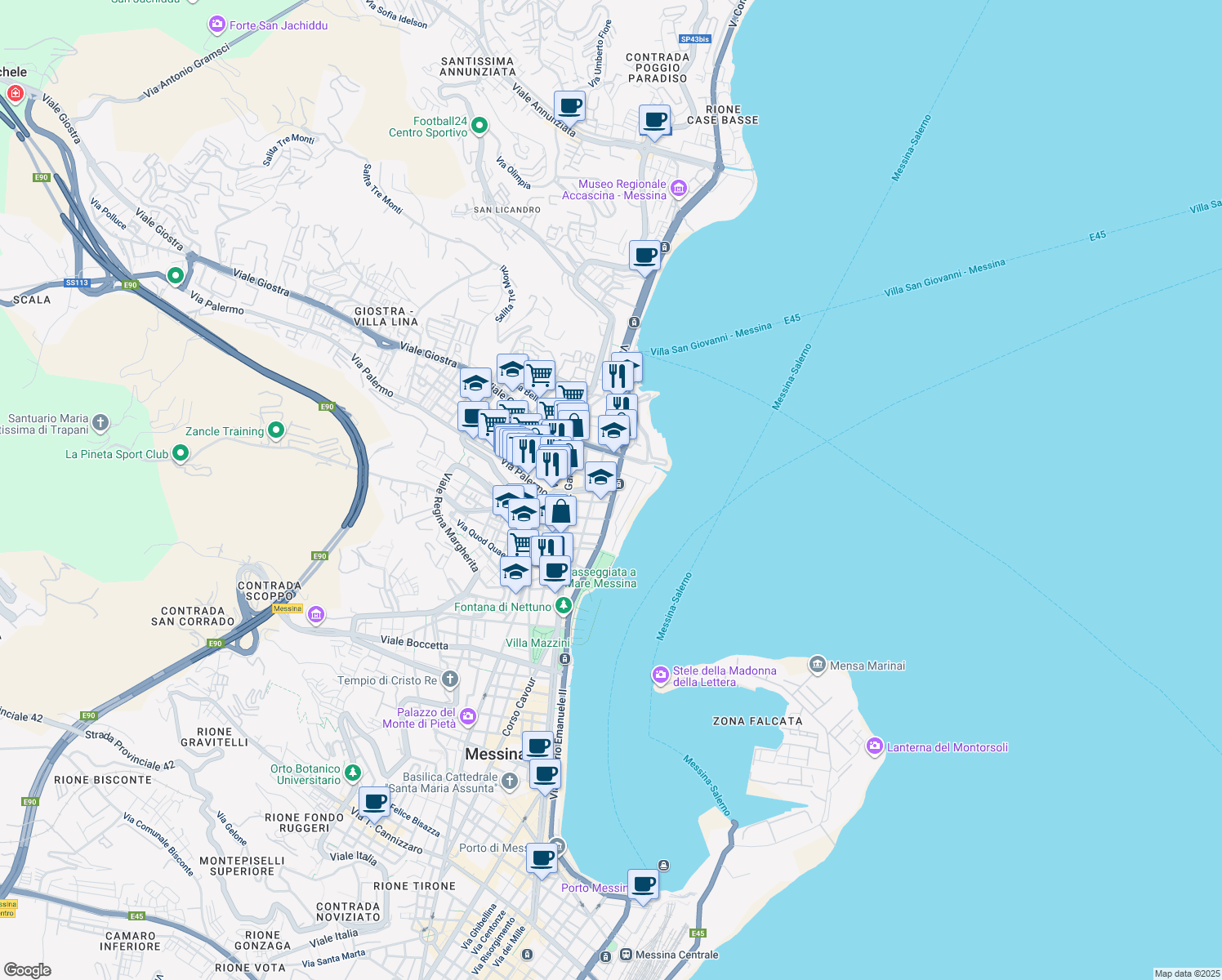 map of restaurants, bars, coffee shops, grocery stores, and more near 40 Viale della Libertà in Messina