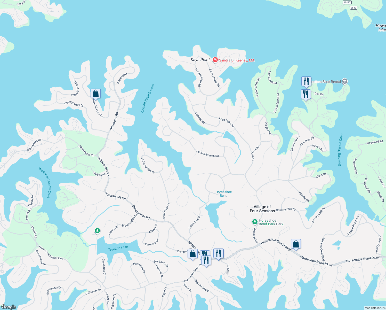 map of restaurants, bars, coffee shops, grocery stores, and more near 73 Forsythia Point in Lake Ozark