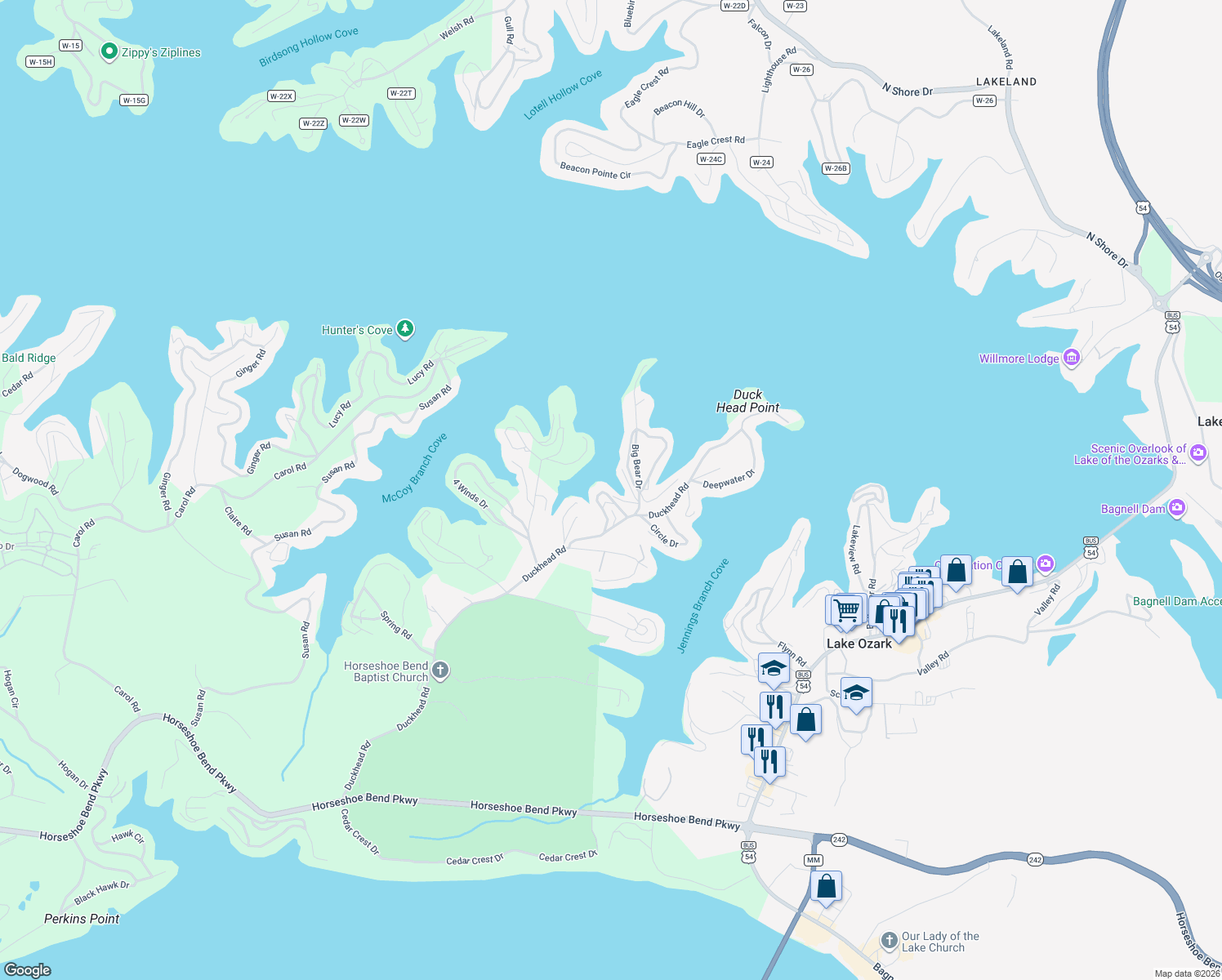 map of restaurants, bars, coffee shops, grocery stores, and more near 133 Polar Bear Circle in Lake Ozark