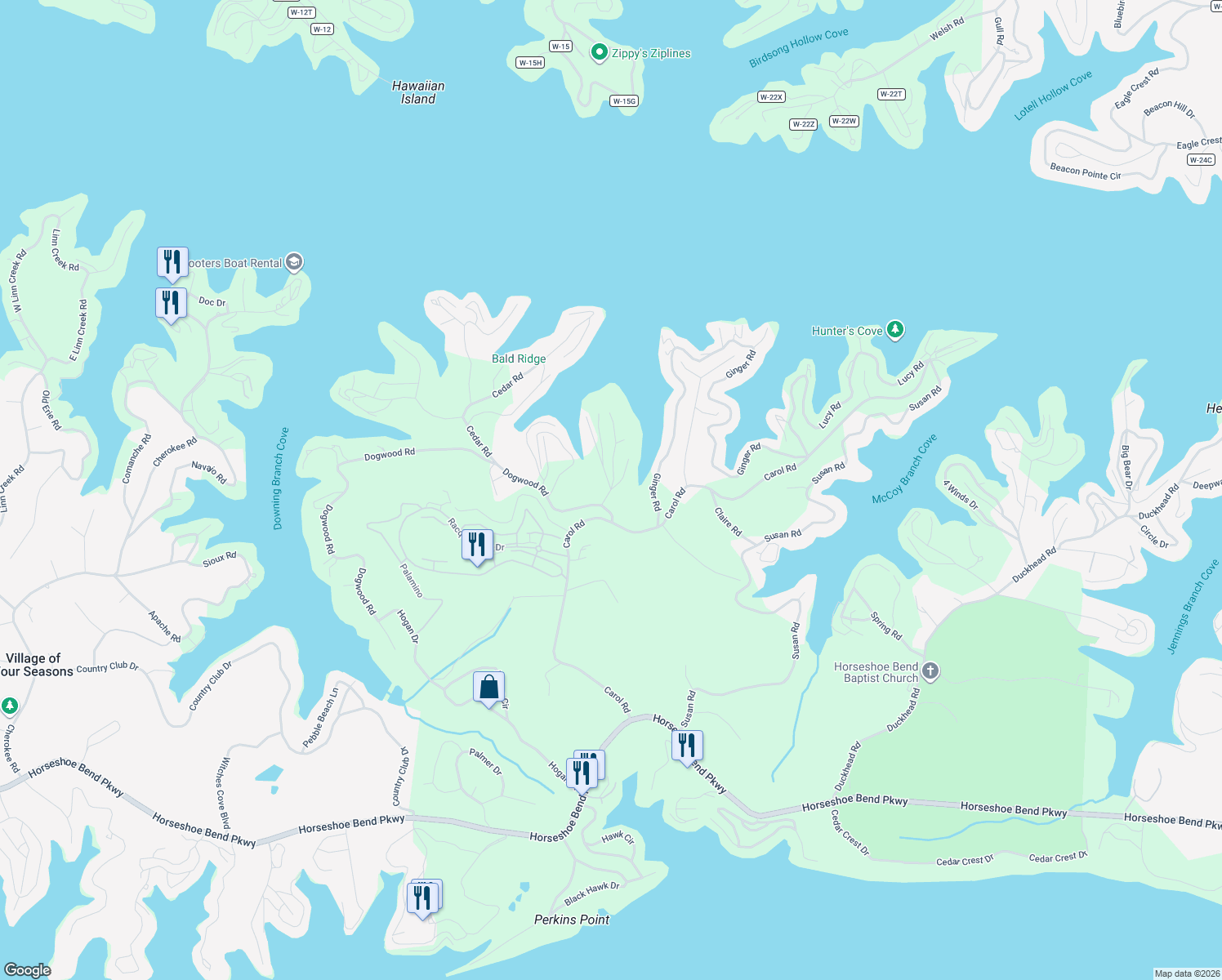 map of restaurants, bars, coffee shops, grocery stores, and more near 2 Madeira Cove Road in Lake Ozark