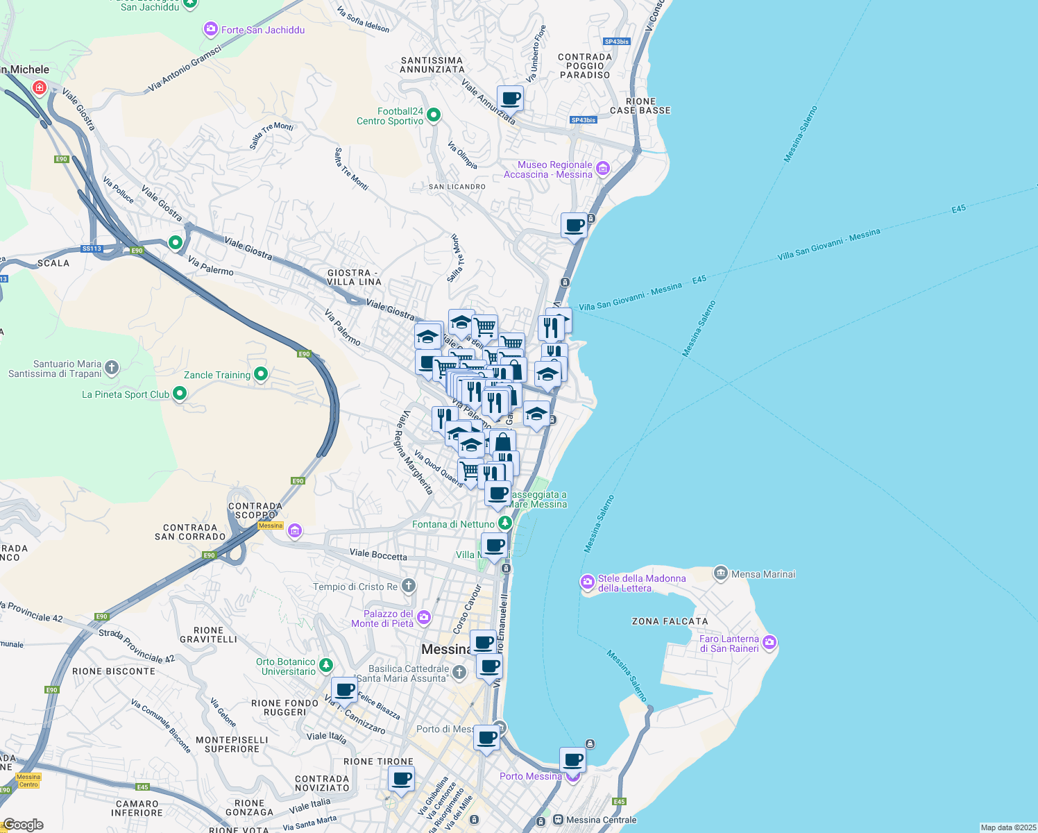 map of restaurants, bars, coffee shops, grocery stores, and more near 120 Via Placida in Messina