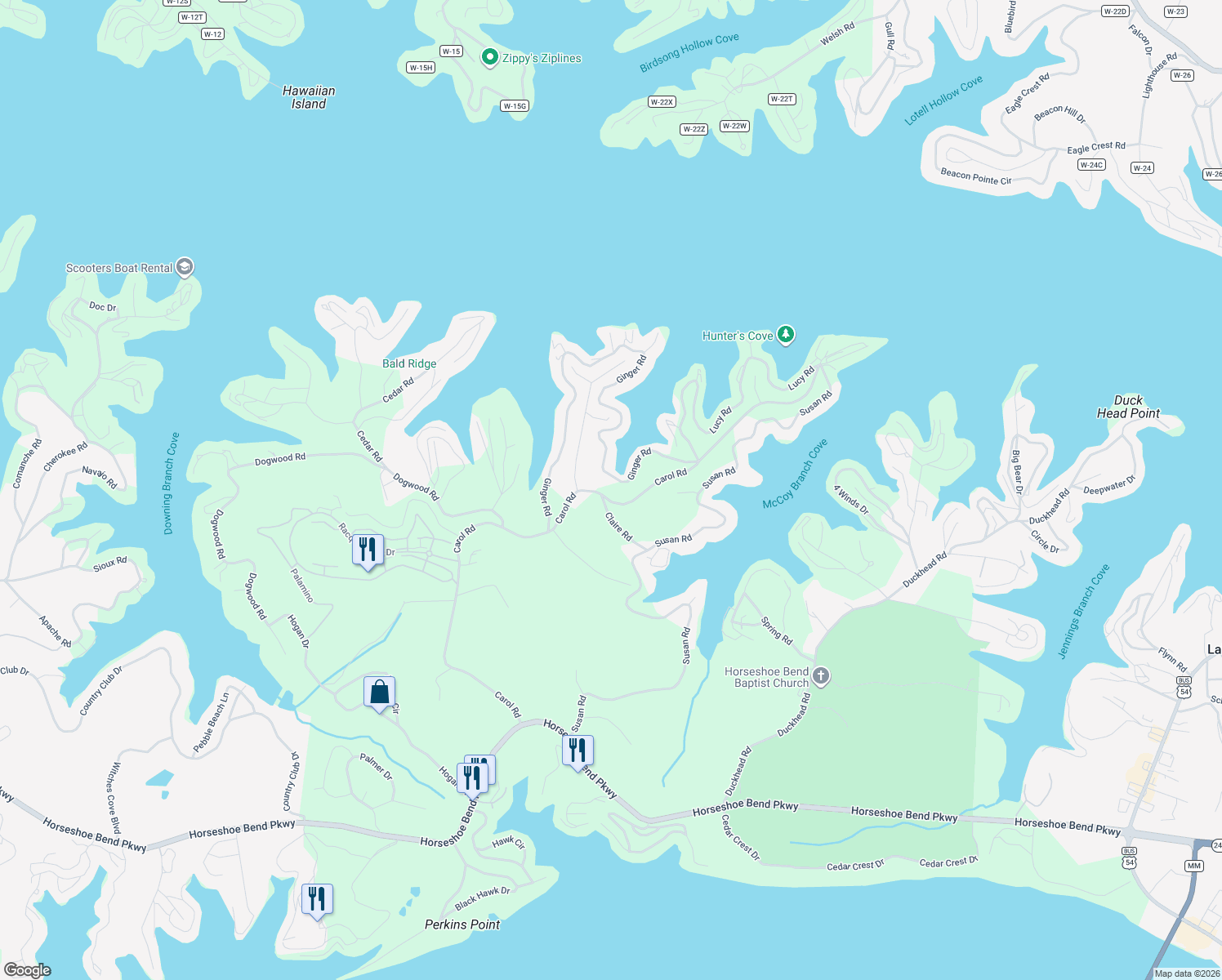 map of restaurants, bars, coffee shops, grocery stores, and more near 1192 Carol Road in Lake Ozark